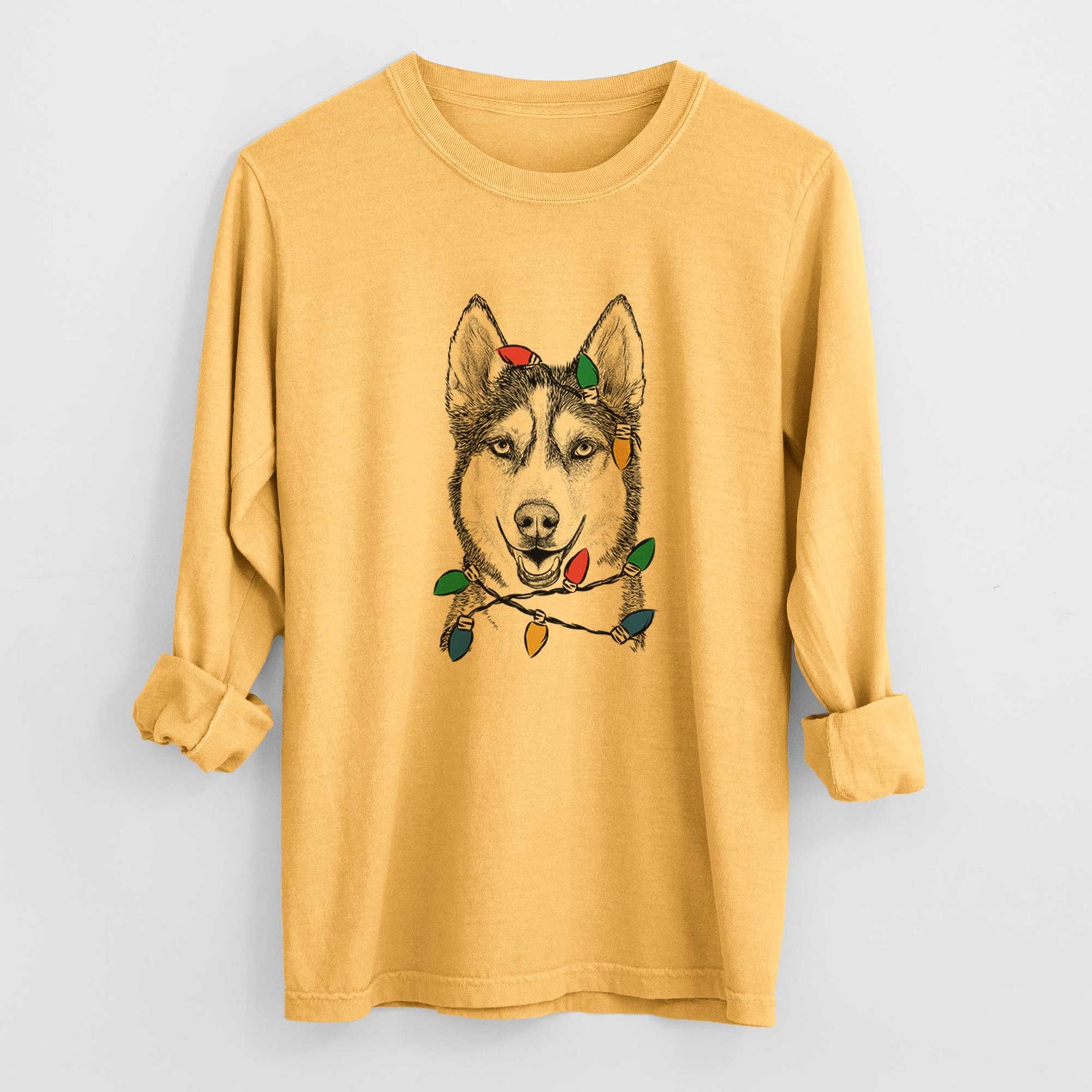 Christmas Lights Kira the Siberian Husky - Heavyweight 100% Cotton Long Sleeve