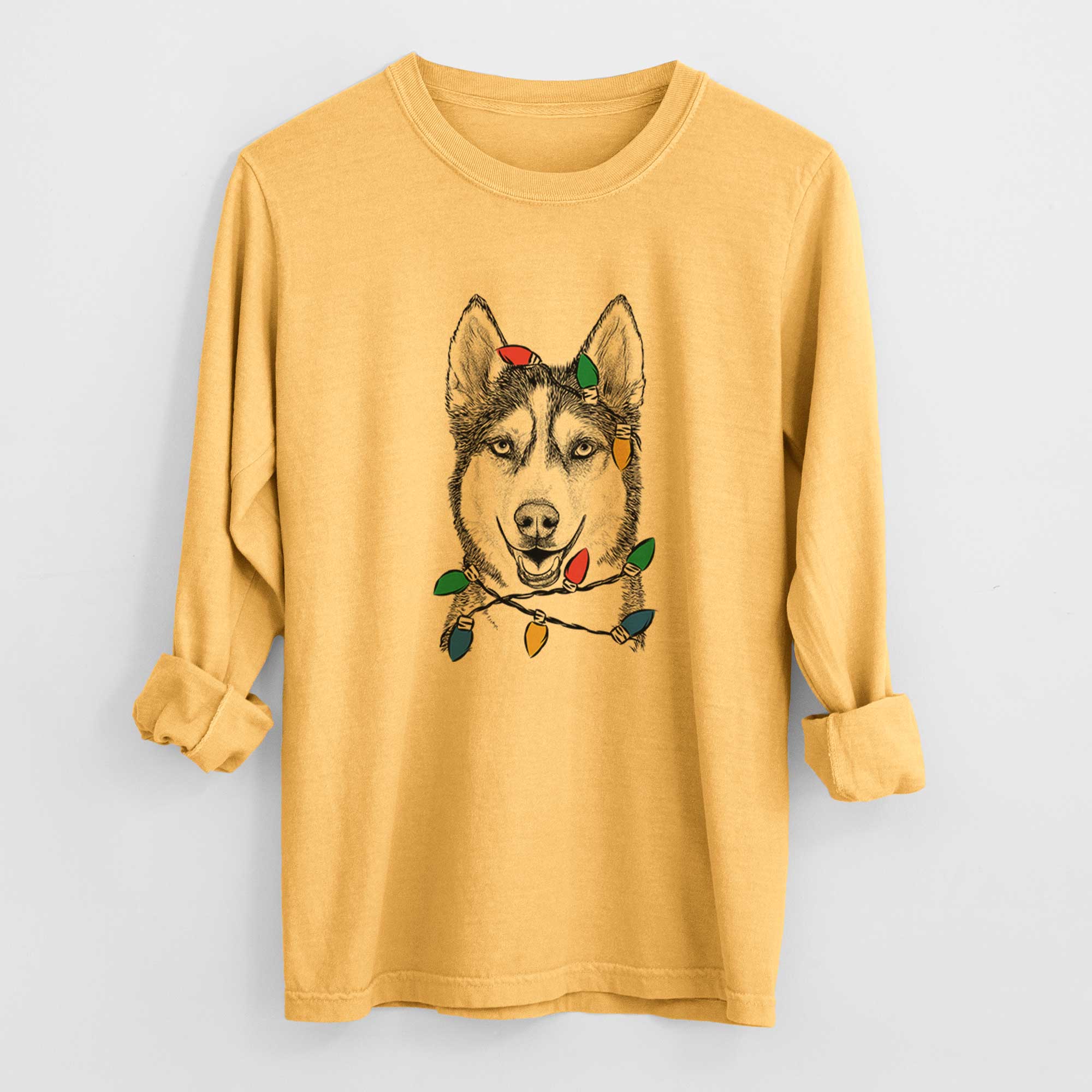 Christmas Lights Kira the Siberian Husky - Heavyweight 100% Cotton Long Sleeve