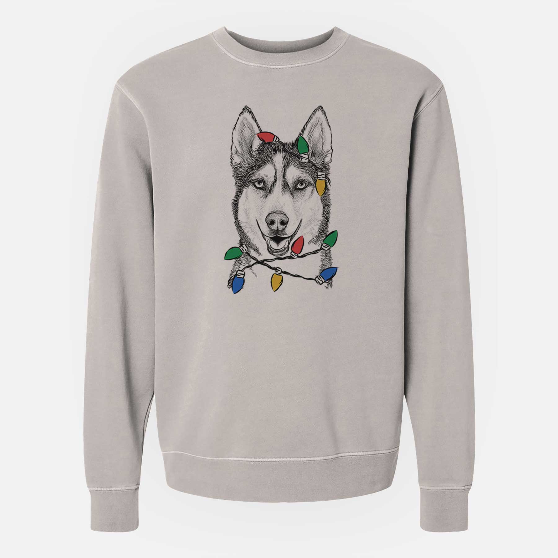 Christmas Lights Kira the Siberian Husky - Unisex Pigment Dyed Crew Sweatshirt