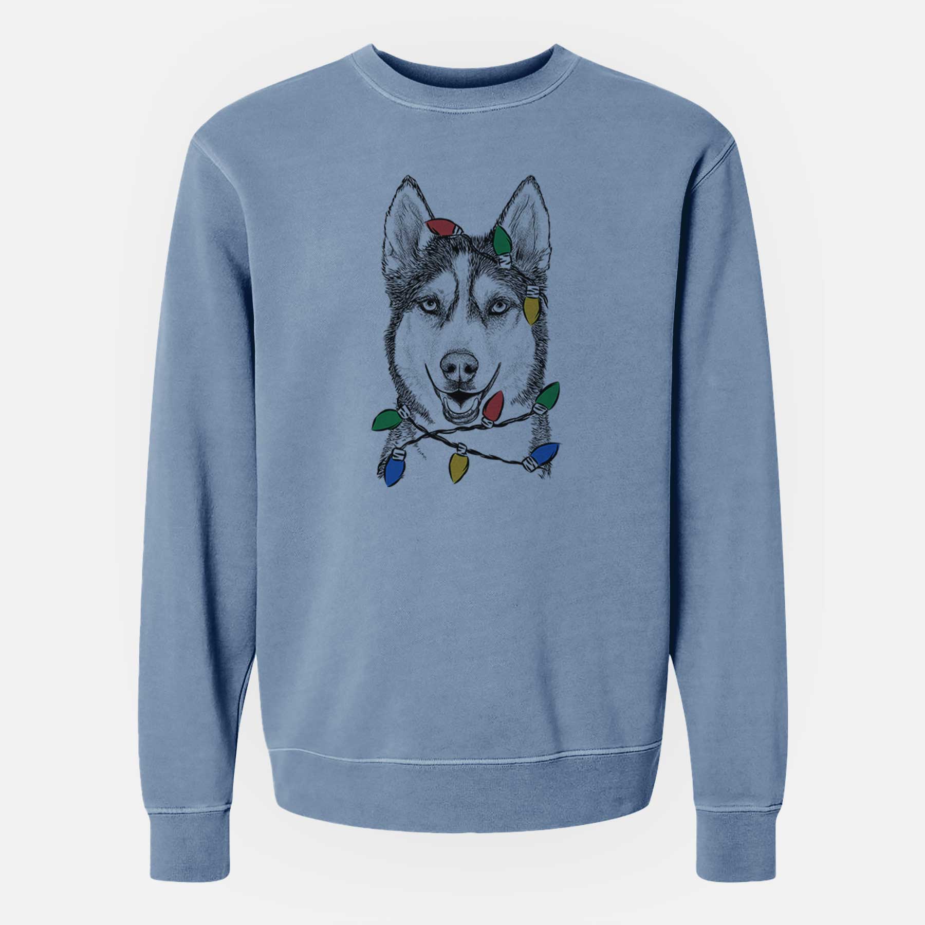 Christmas Lights Kira the Siberian Husky - Unisex Pigment Dyed Crew Sweatshirt