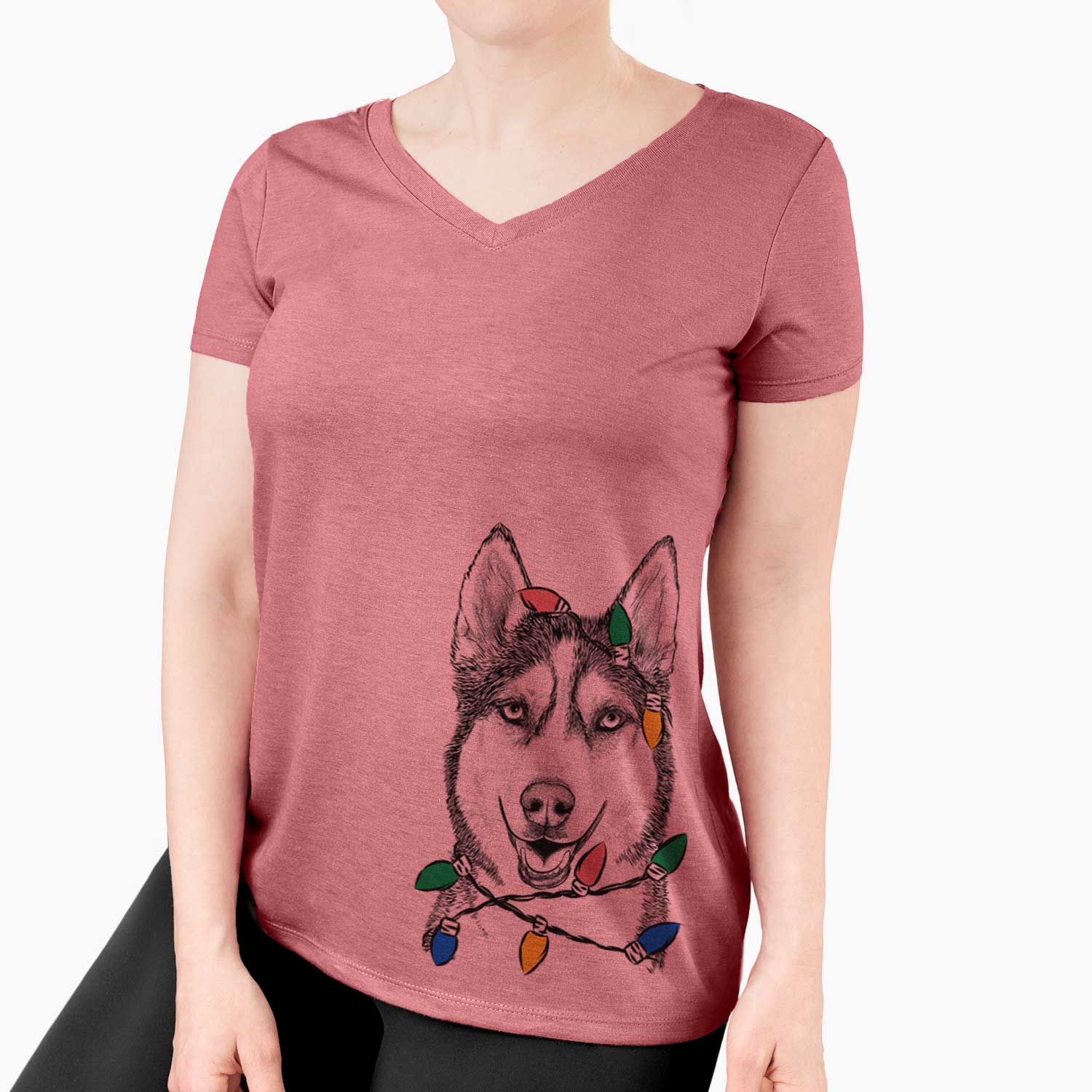 Christmas Lights Kira the Siberian Husky - Women's V-neck Shirt