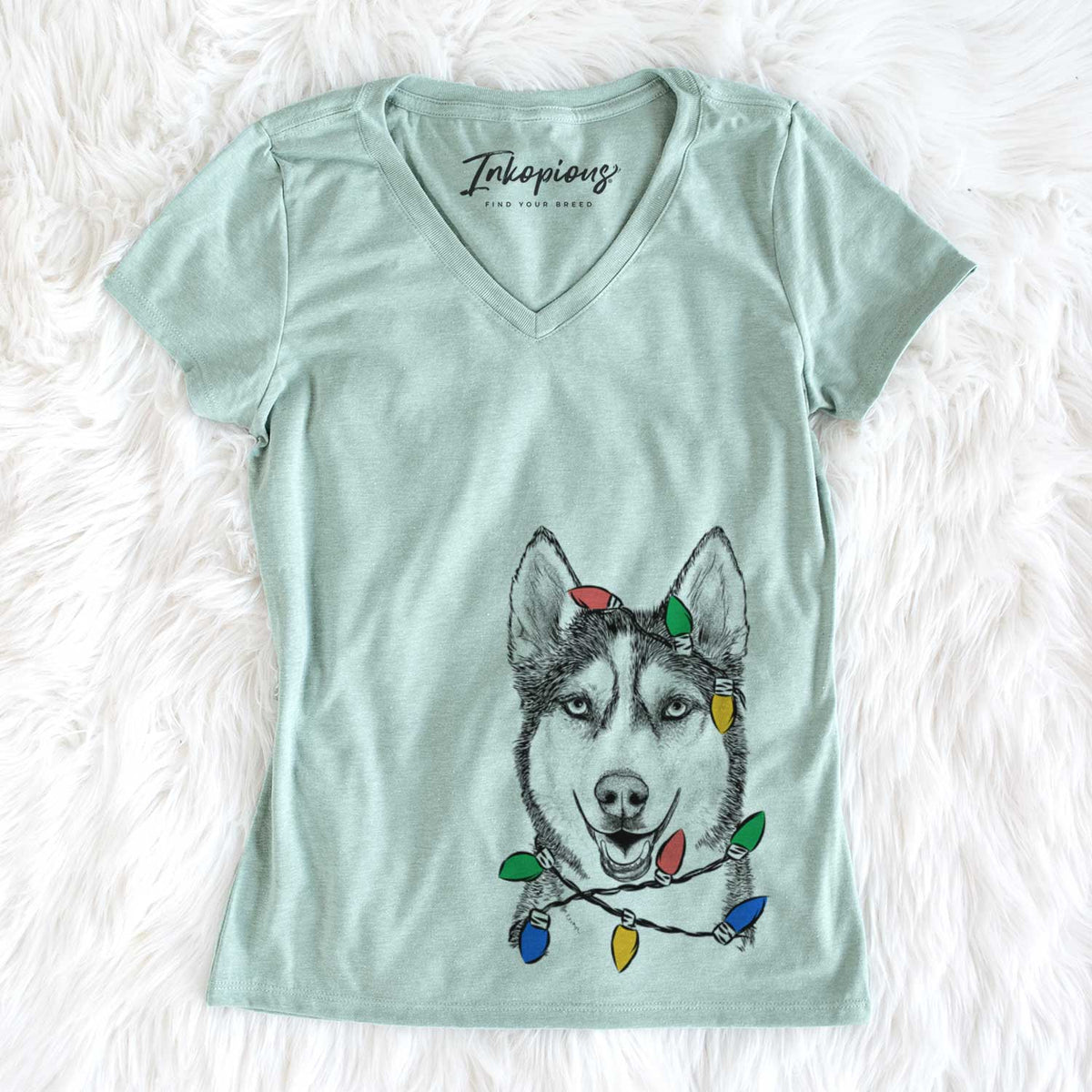 Christmas Lights Kira the Siberian Husky - Women&#39;s V-neck Shirt