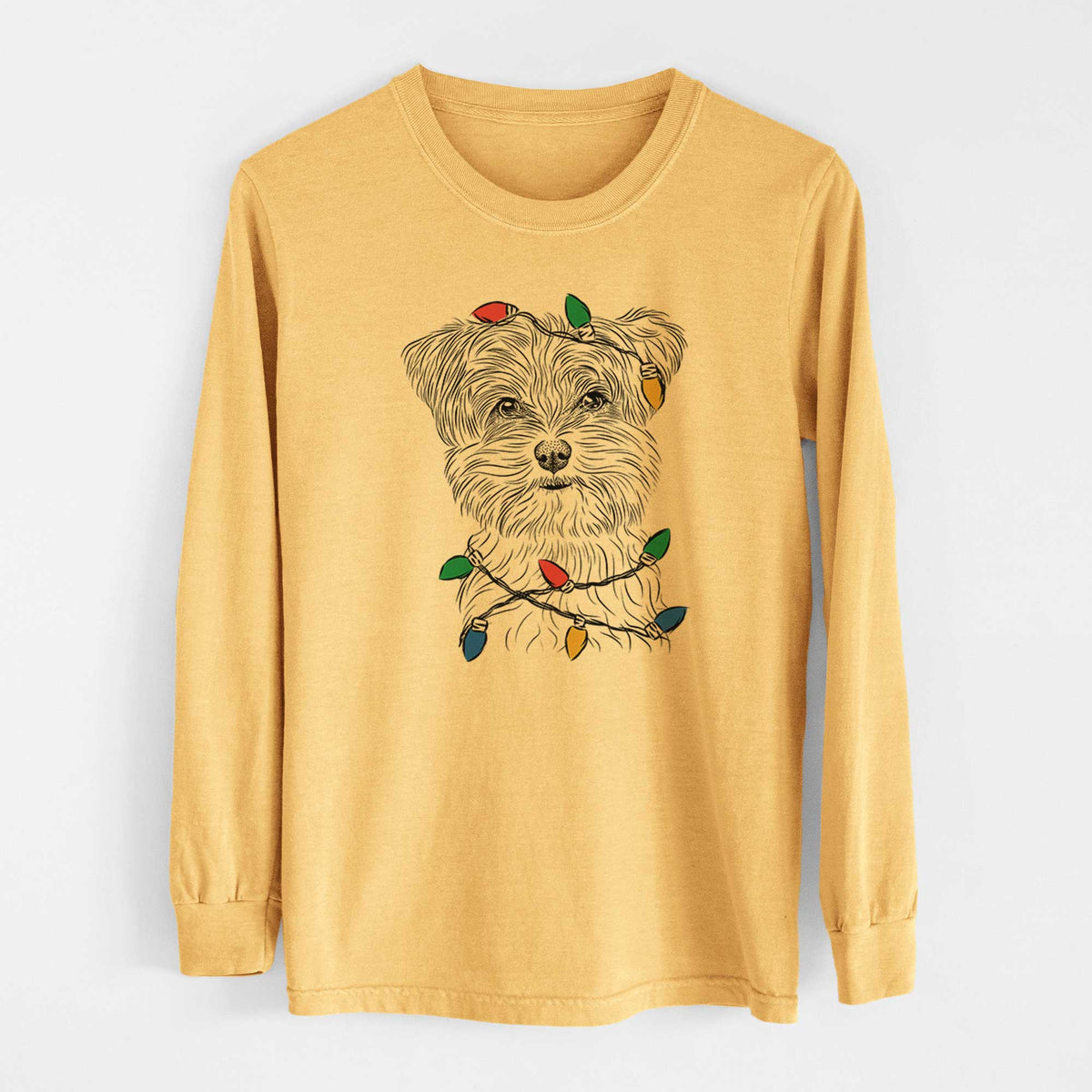 Christmas Lights Kiwi the Morkie - Heavyweight 100% Cotton Long Sleeve