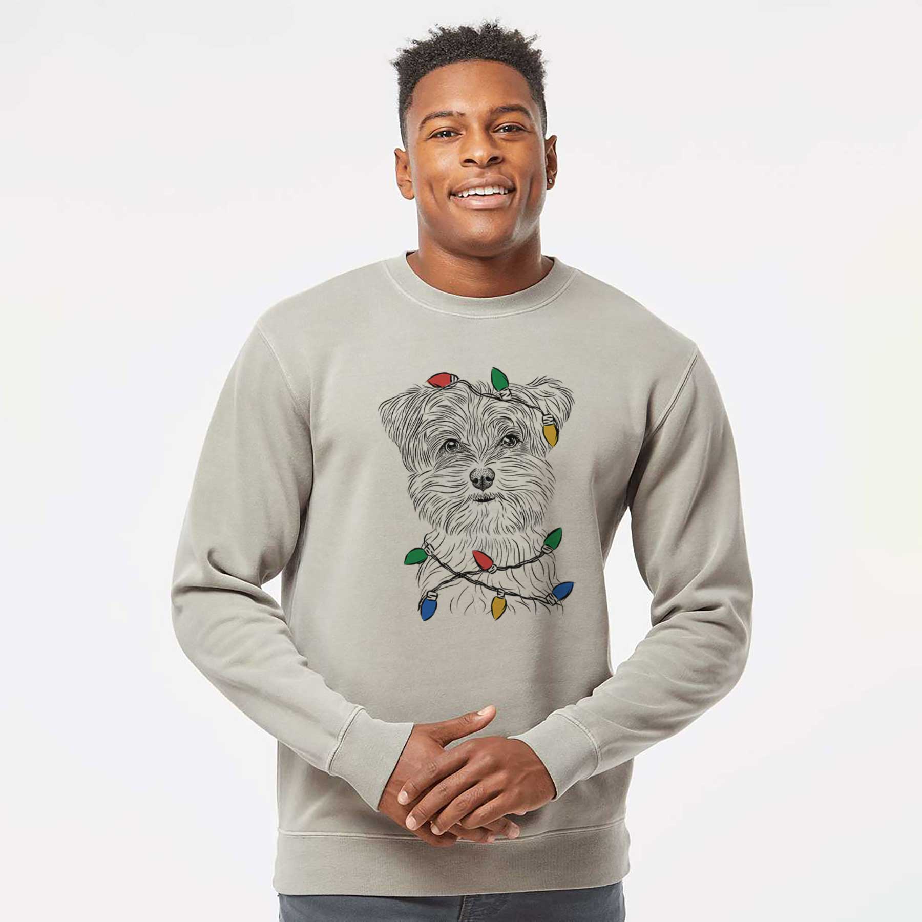 Christmas Lights Kiwi the Morkie - Unisex Pigment Dyed Crew Sweatshirt