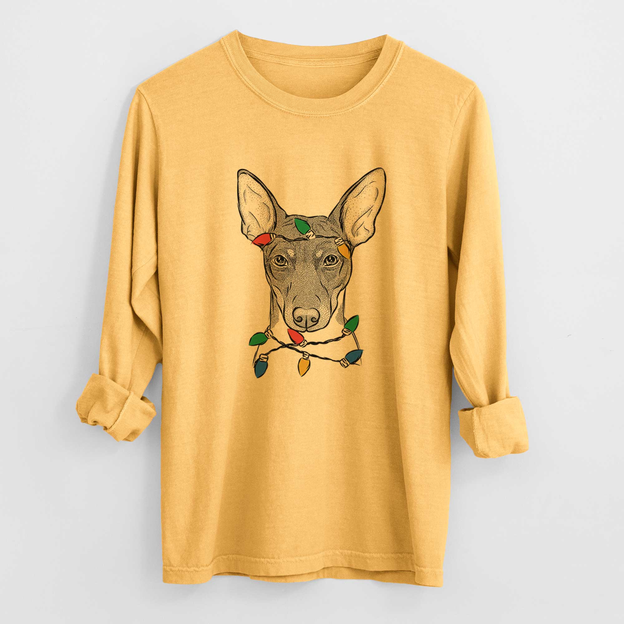 Christmas Lights Knox the Rat Terrier - Heavyweight 100% Cotton Long Sleeve