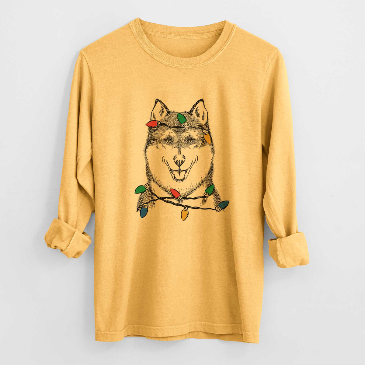 Christmas Lights Koda the Siberian Husky - Heavyweight 100% Cotton Long Sleeve