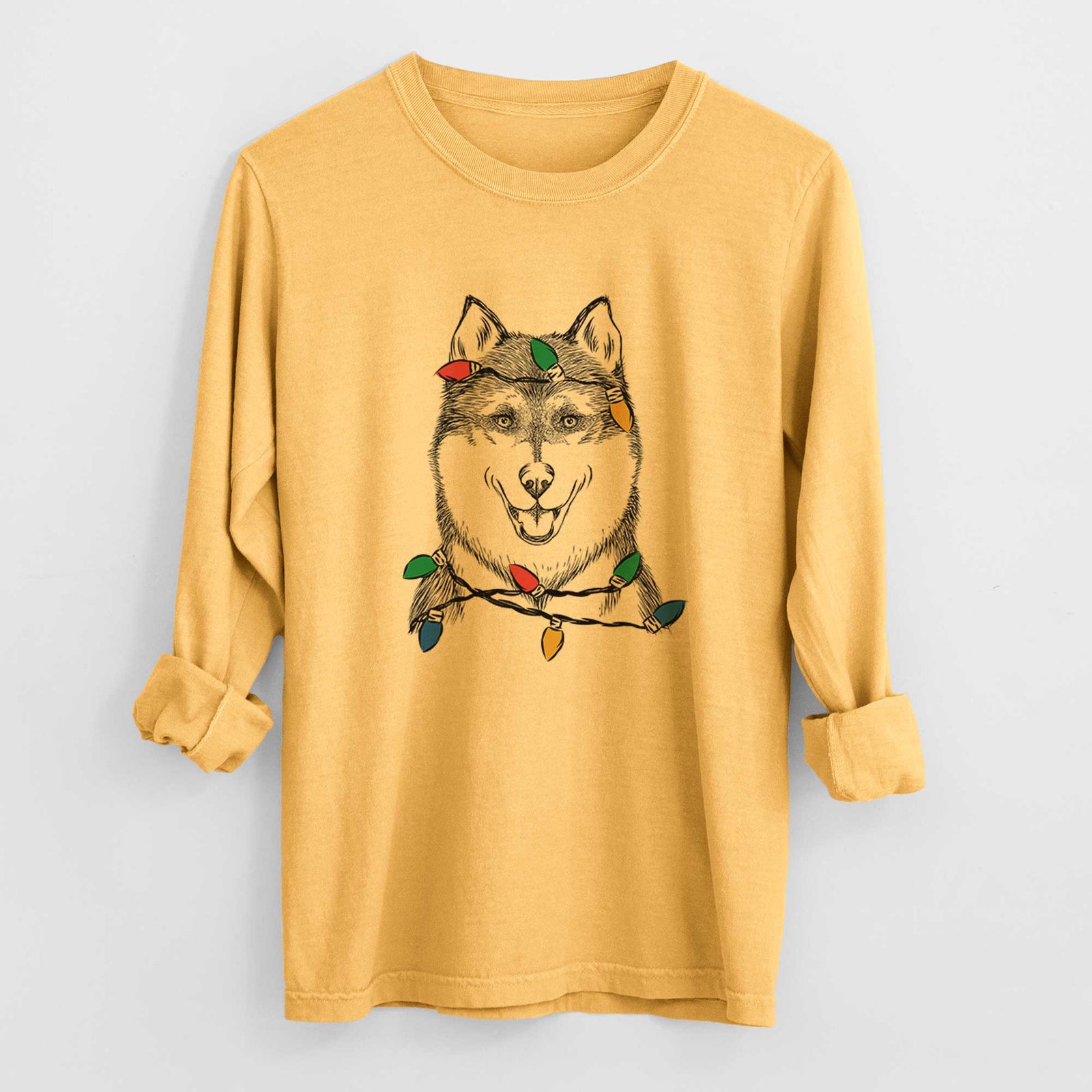 Christmas Lights Koda the Siberian Husky - Heavyweight 100% Cotton Long Sleeve