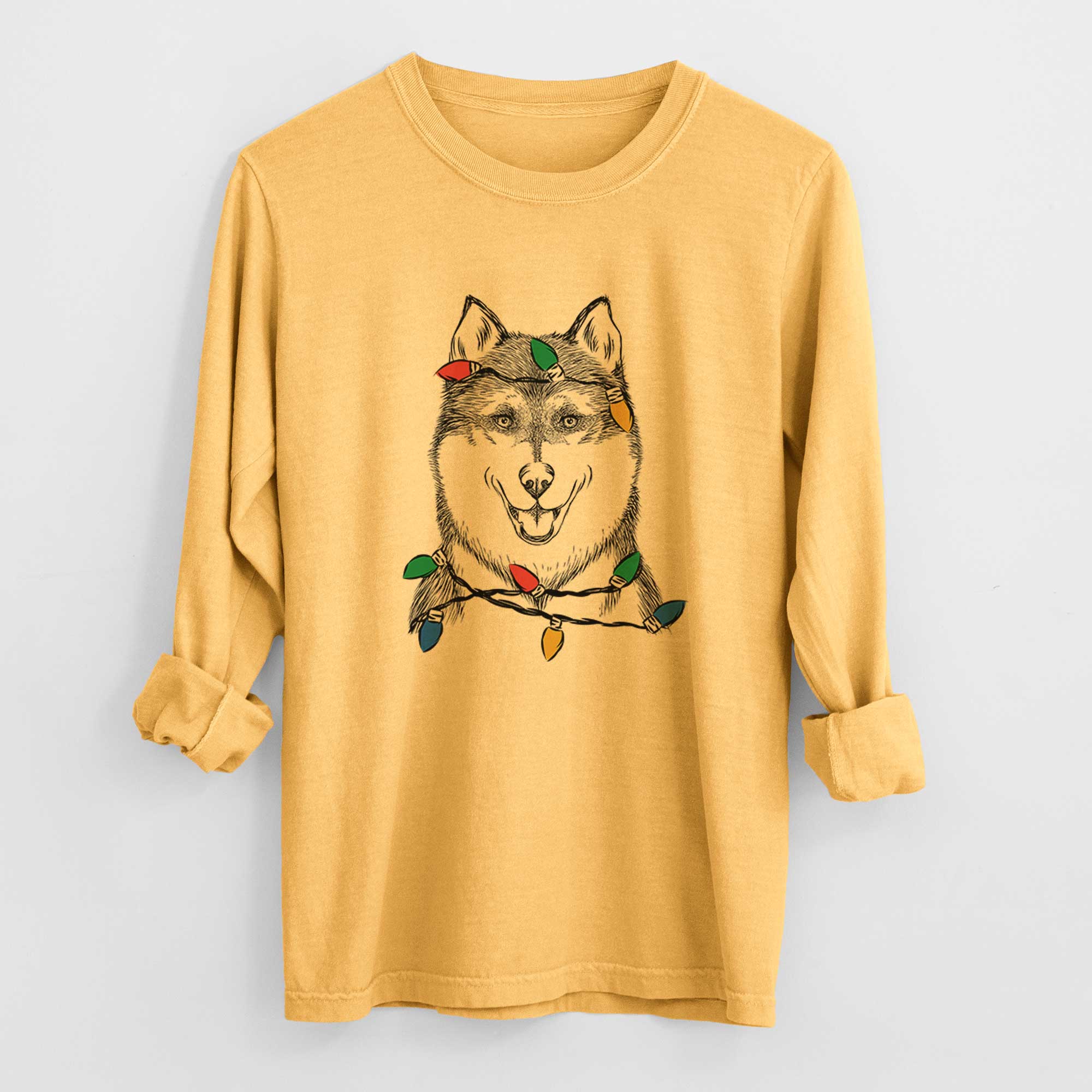 Christmas Lights Koda the Siberian Husky - Heavyweight 100% Cotton Long Sleeve