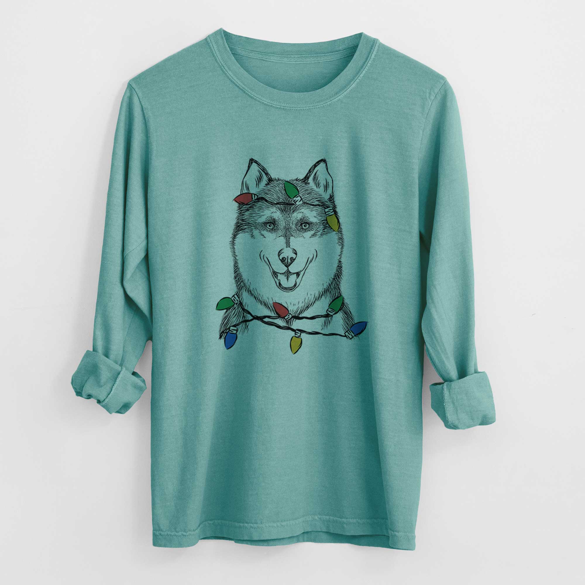 Christmas Lights Koda the Siberian Husky - Heavyweight 100% Cotton Long Sleeve