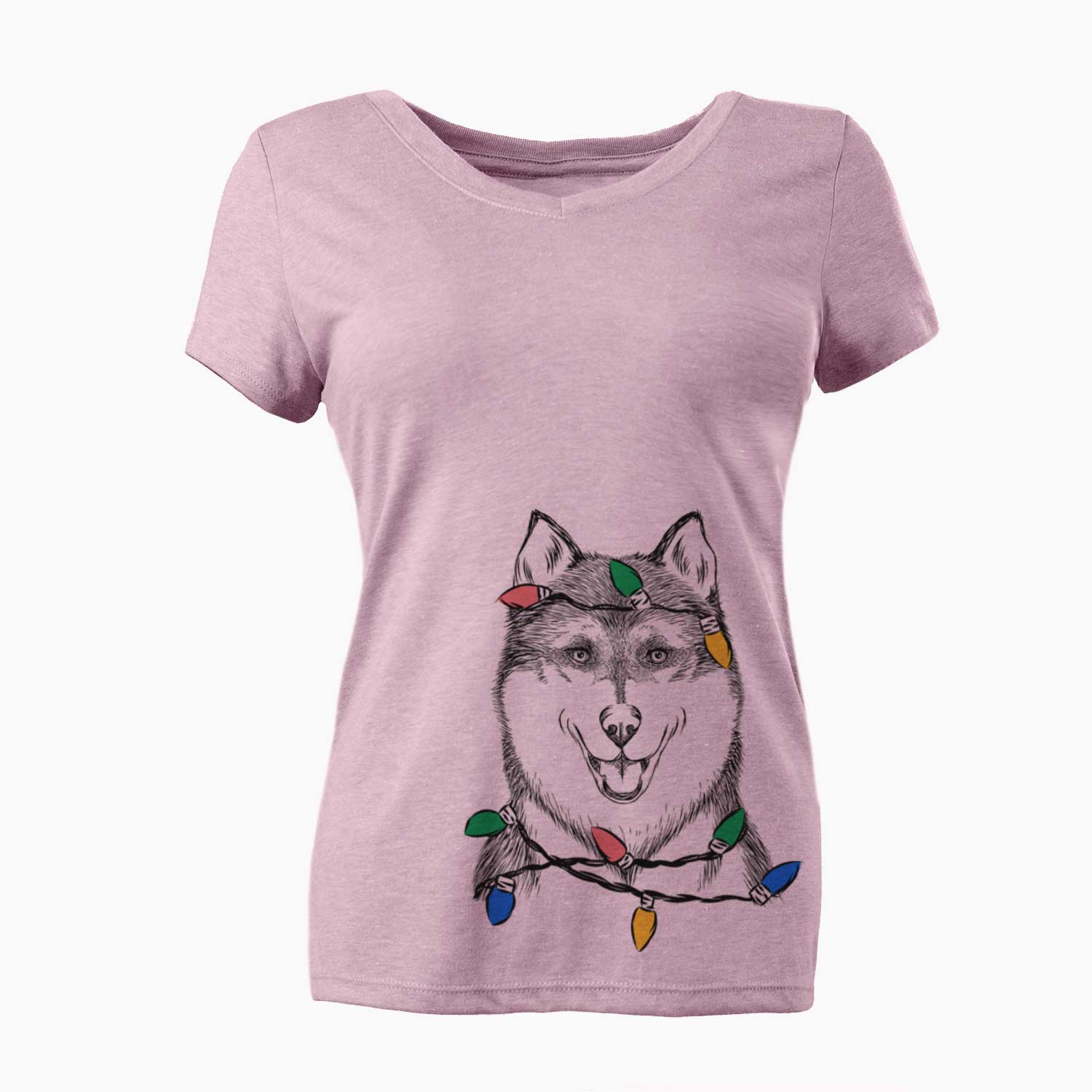 Christmas Lights Koda the Siberian Husky - Women's V-neck Shirt