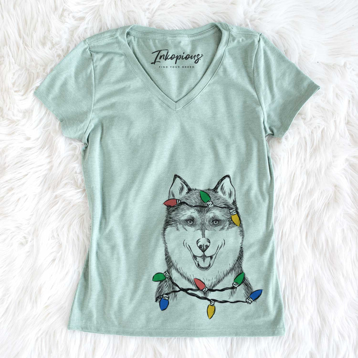 Christmas Lights Koda the Siberian Husky - Women&#39;s V-neck Shirt