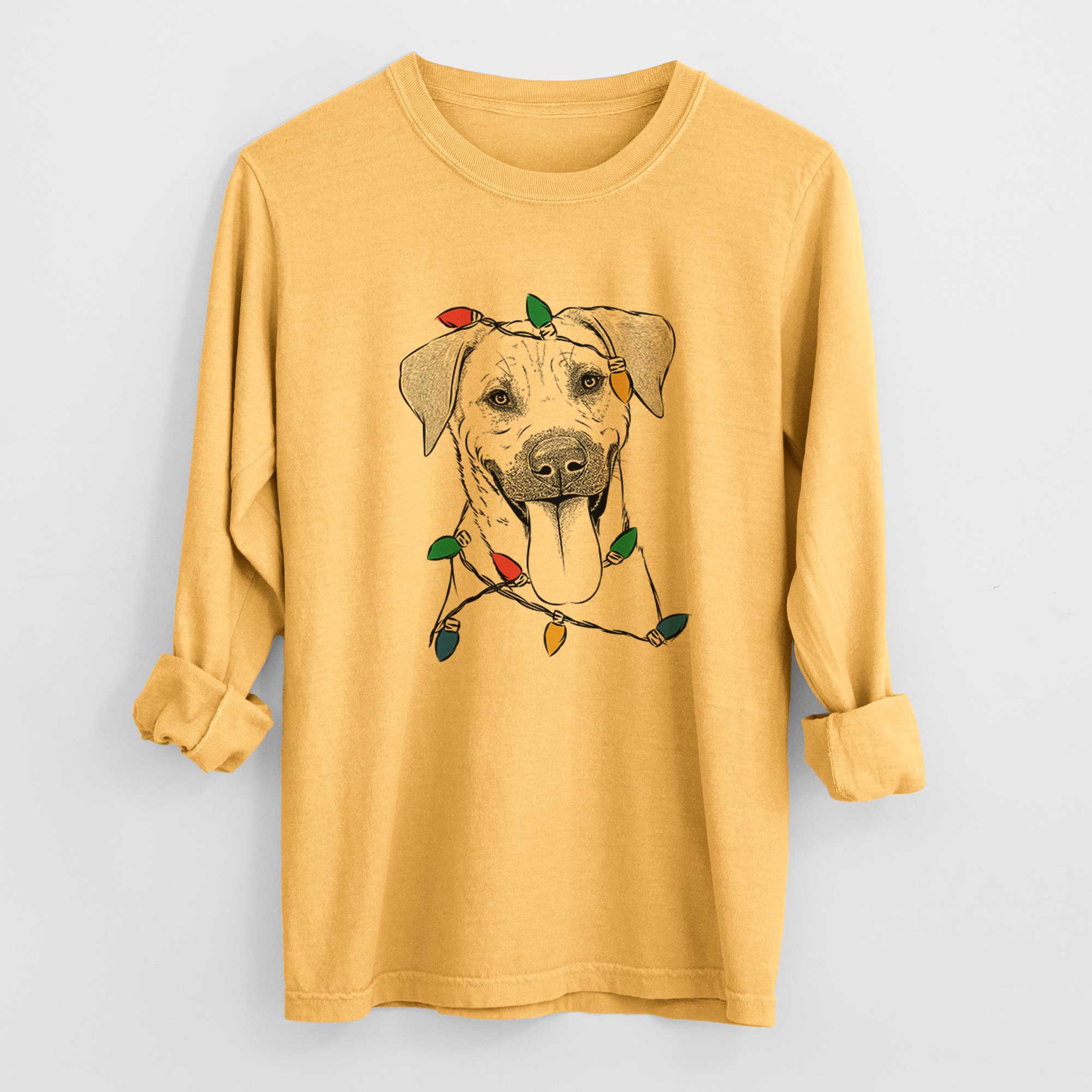 Christmas Lights Koda the Black Mouth Cur - Heavyweight 100% Cotton Long Sleeve