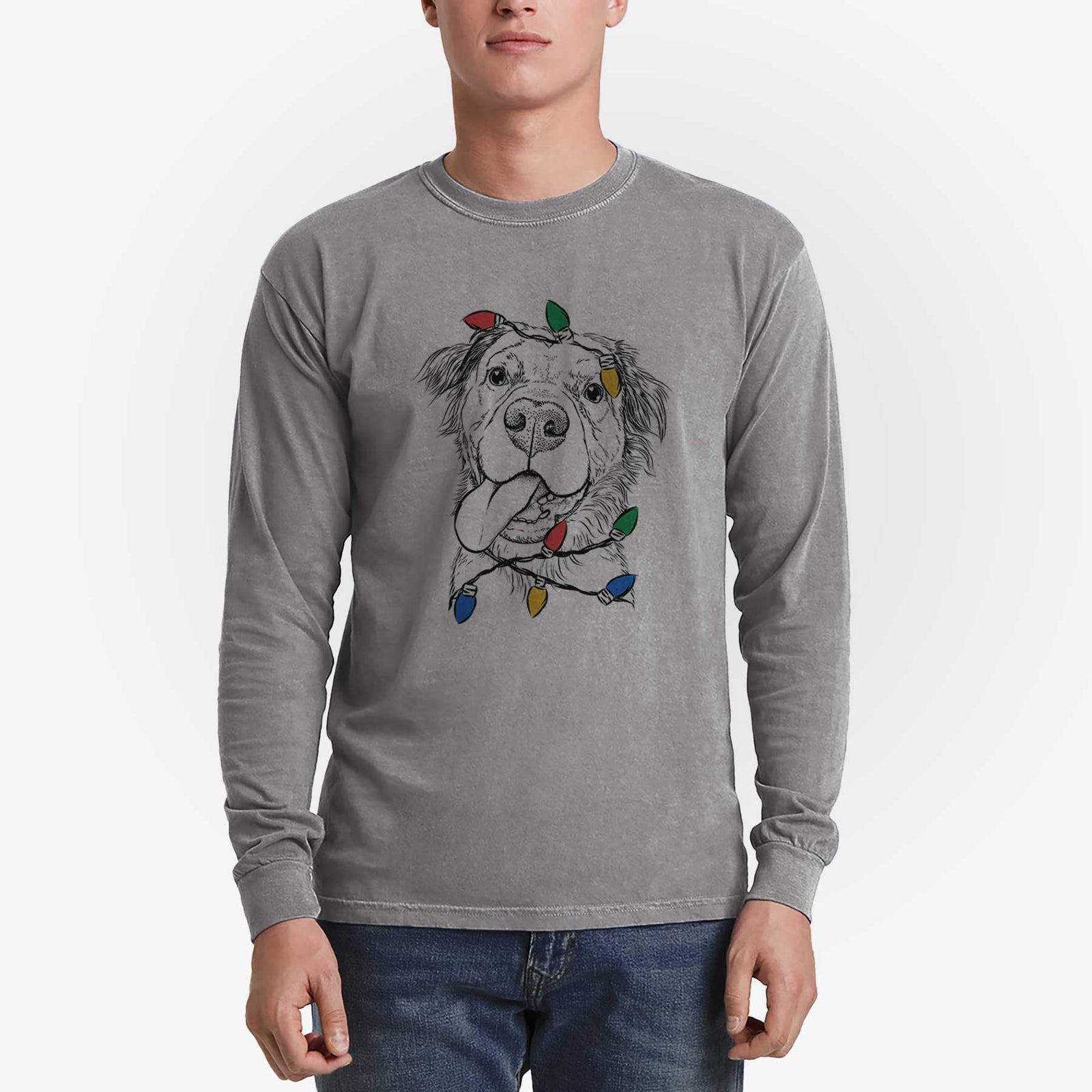 Christmas Lights Koda the Pitbull Chow Mix - Heavyweight 100% Cotton Long Sleeve