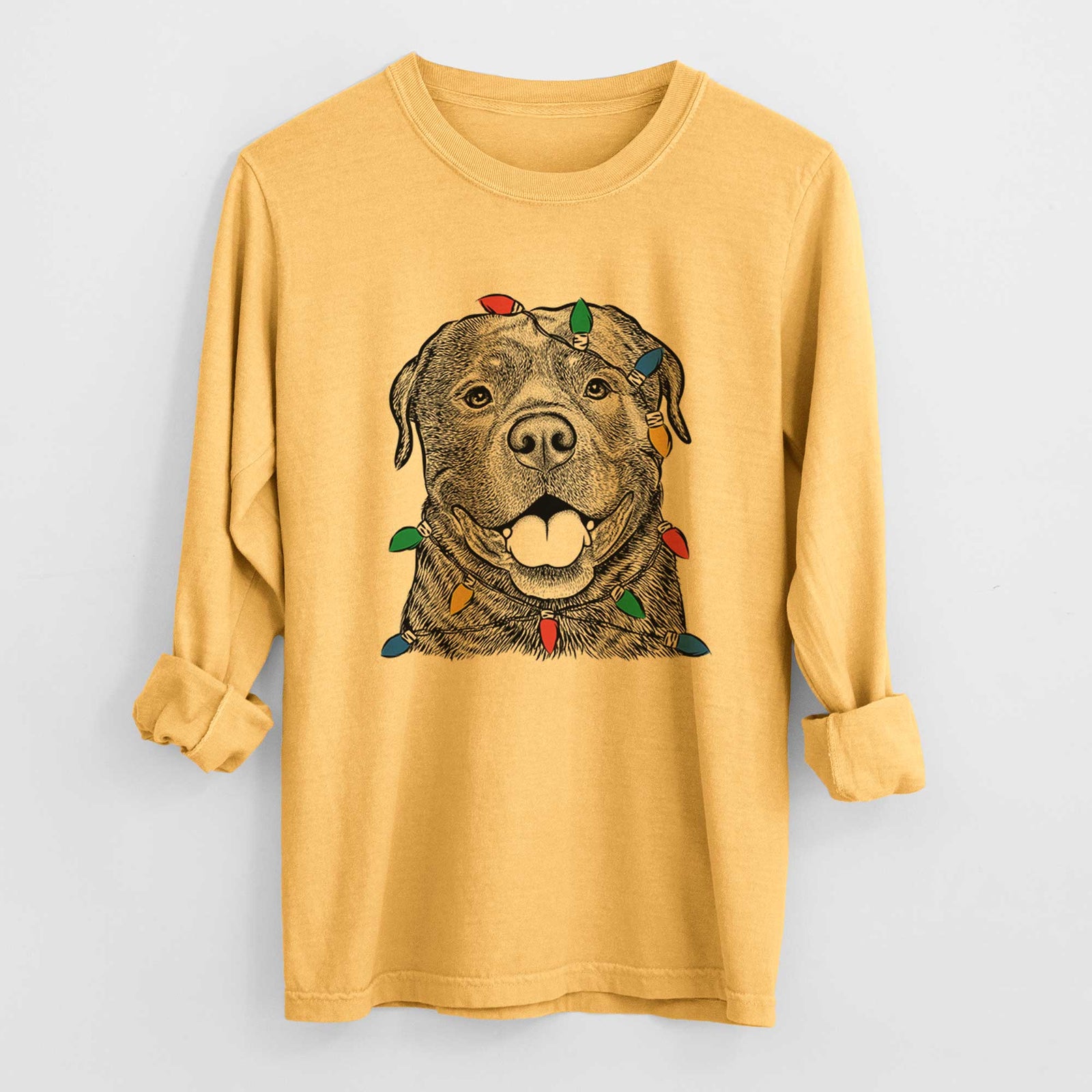 Christmas Lights Kojak the Rottweiler - Heavyweight 100% Cotton Long Sleeve