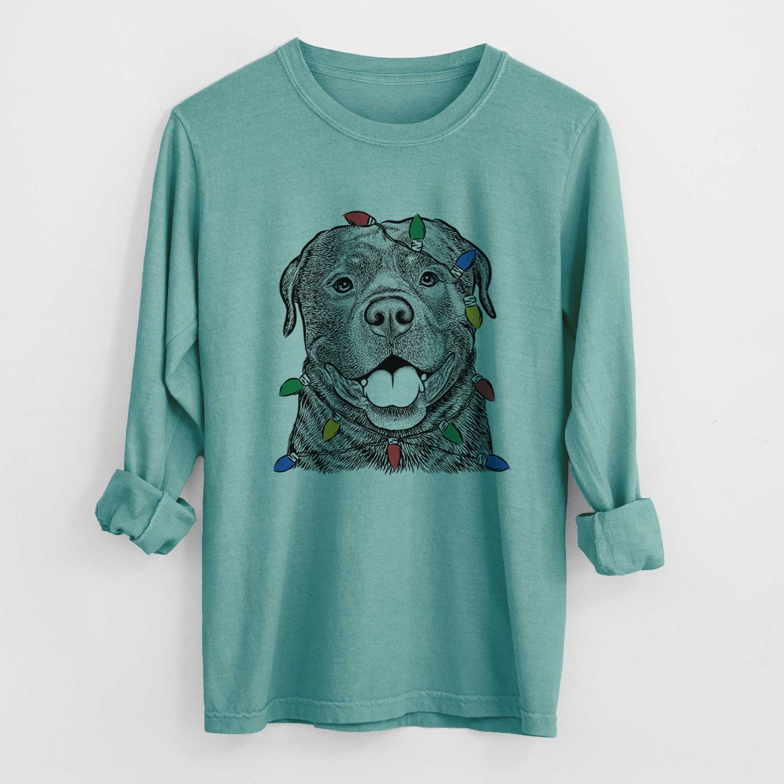 Christmas Lights Kojak the Rottweiler - Heavyweight 100% Cotton Long Sleeve