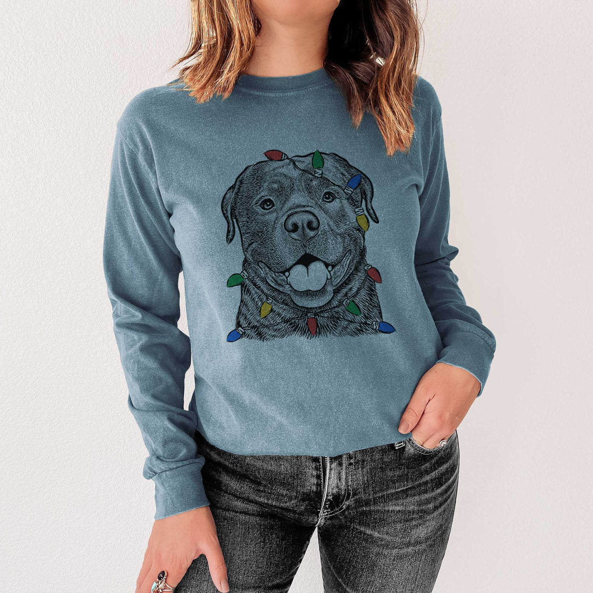 Christmas Lights Kojak the Rottweiler - Heavyweight 100% Cotton Long Sleeve