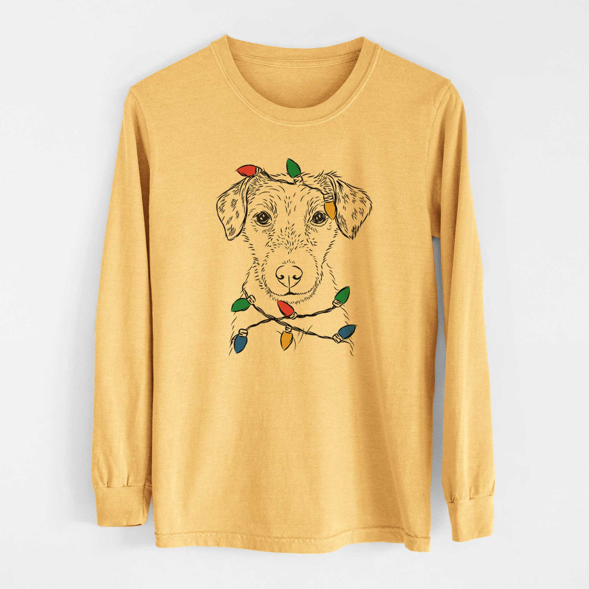 Christmas Lights Kozmo the Jack Russell Terrier - Heavyweight 100% Cotton Long Sleeve