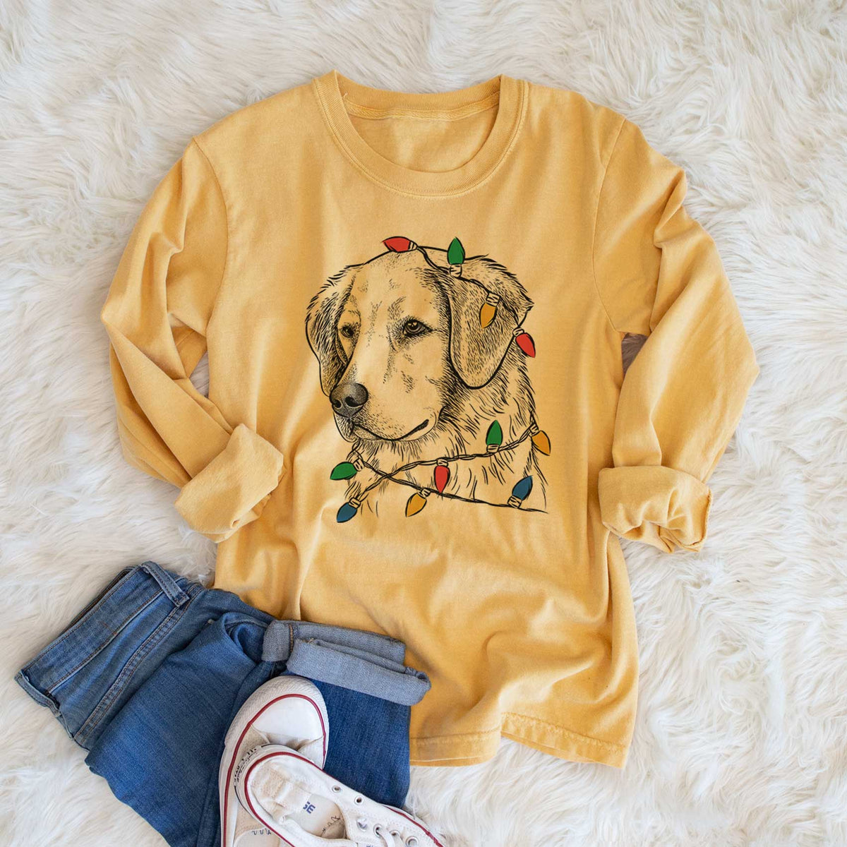 Christmas Lights Kula the Golden Retriever - Heavyweight 100% Cotton Long Sleeve