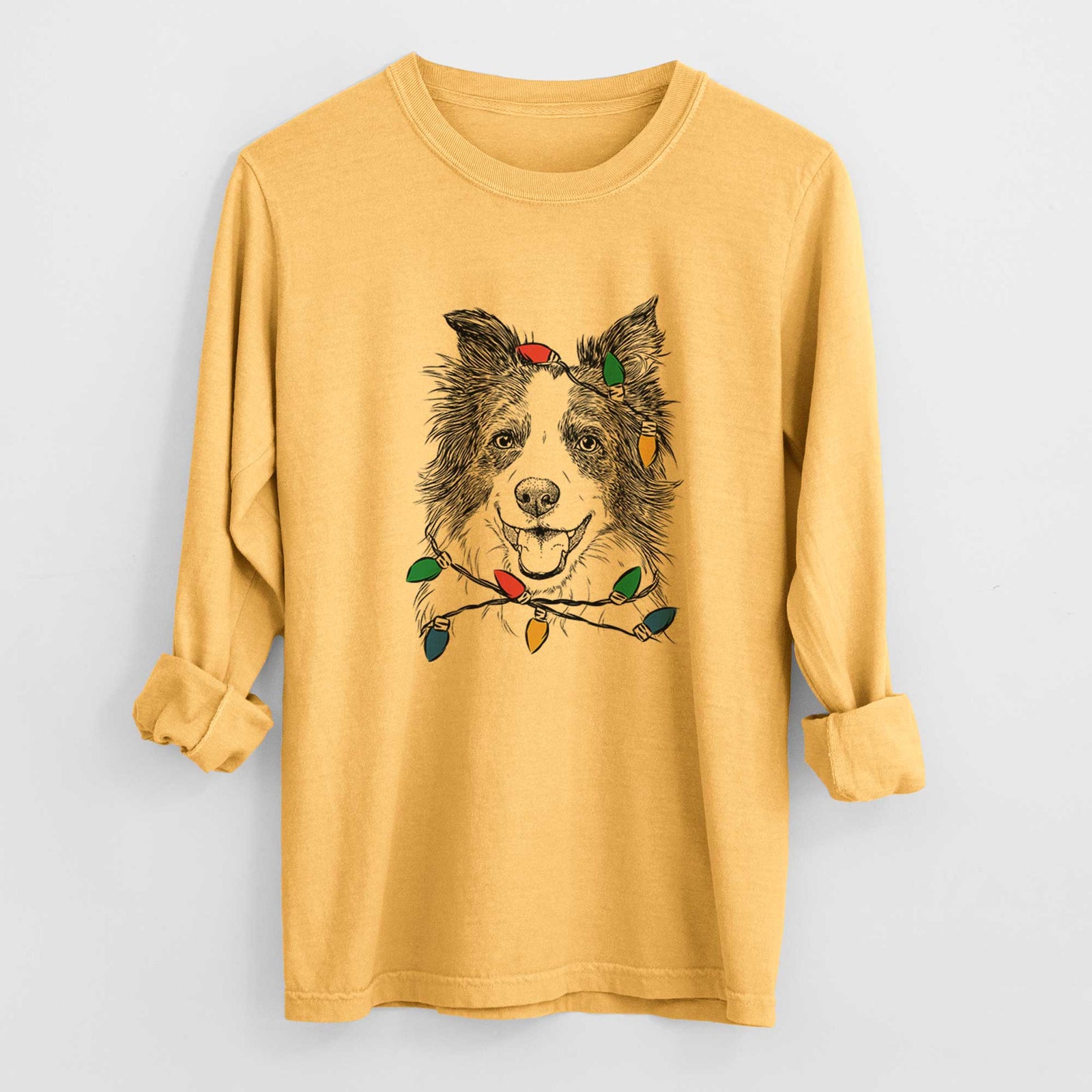 Christmas Lights Kylee the Border Collie - Heavyweight 100% Cotton Long Sleeve