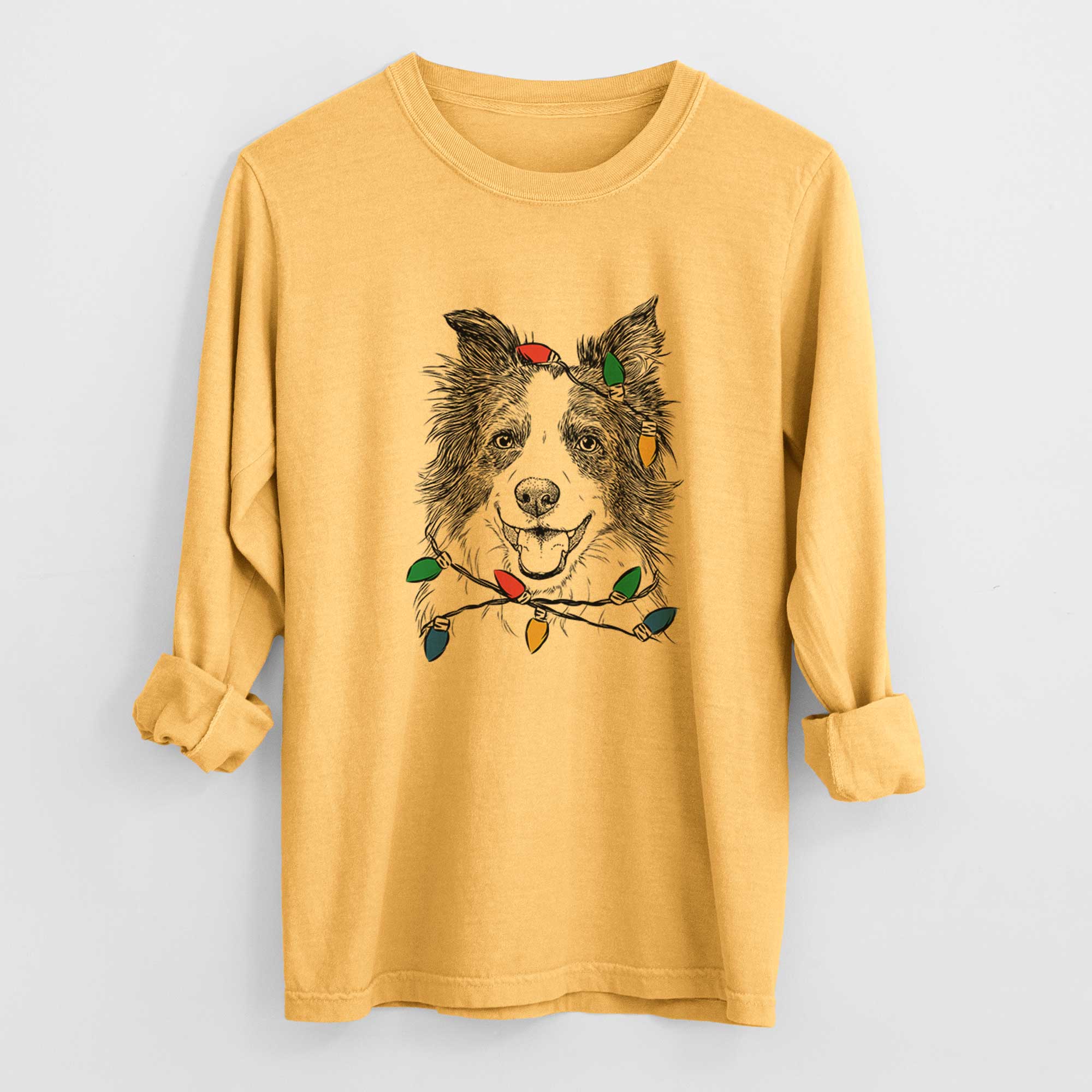 Christmas Lights Kylee the Border Collie - Heavyweight 100% Cotton Long Sleeve