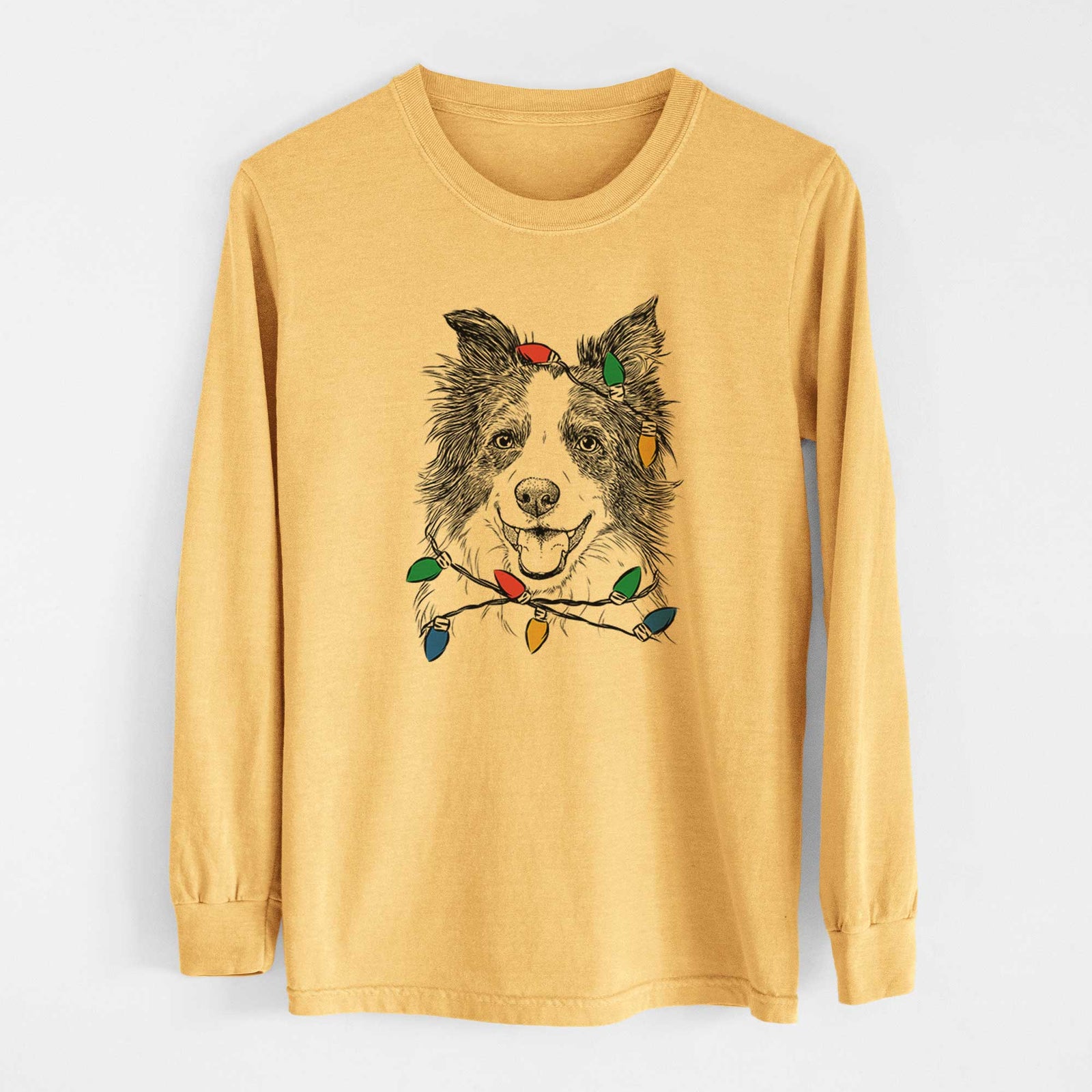 Christmas Lights Kylee the Border Collie - Heavyweight 100% Cotton Long Sleeve