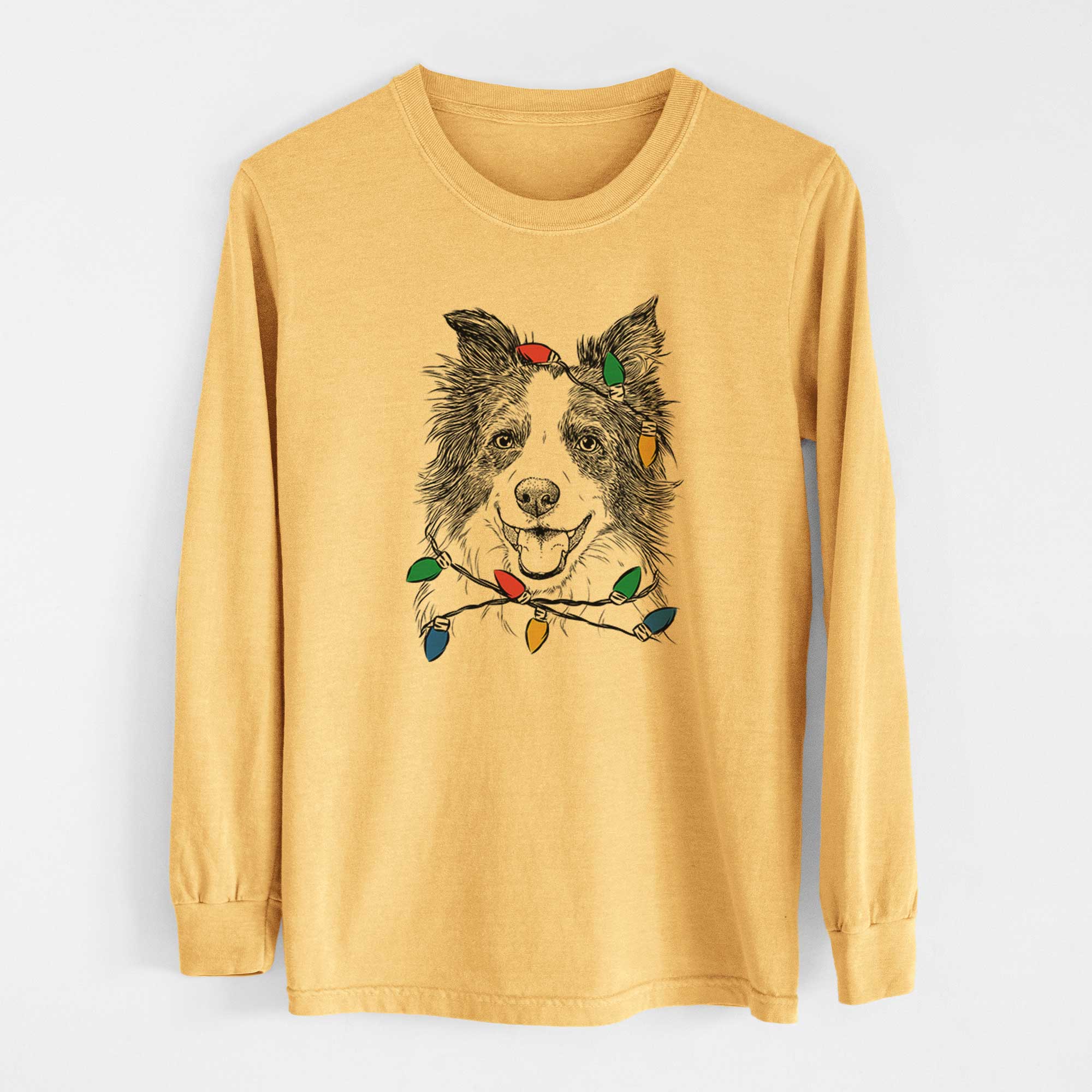 Christmas Lights Kylee the Border Collie - Heavyweight 100% Cotton Long Sleeve