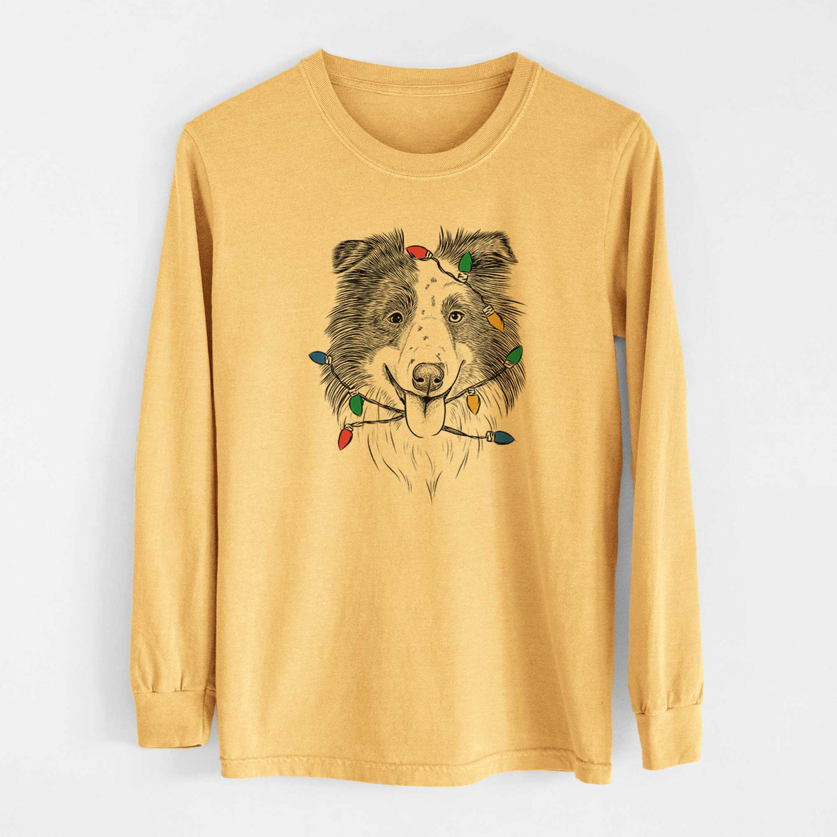 Christmas Lights Lady Bug the Border Collie - Heavyweight 100% Cotton Long Sleeve