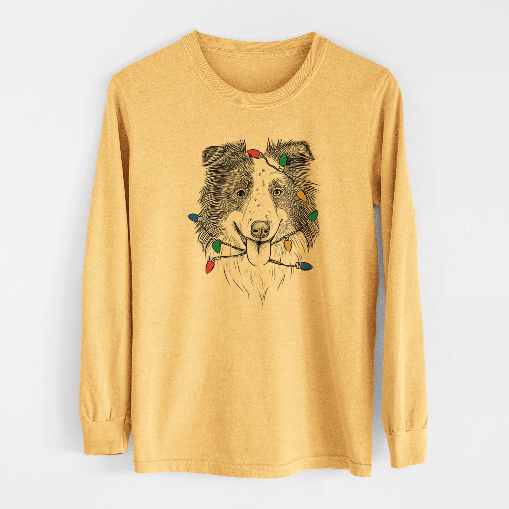 Christmas Lights Lady Bug the Border Collie - Heavyweight 100% Cotton Long Sleeve