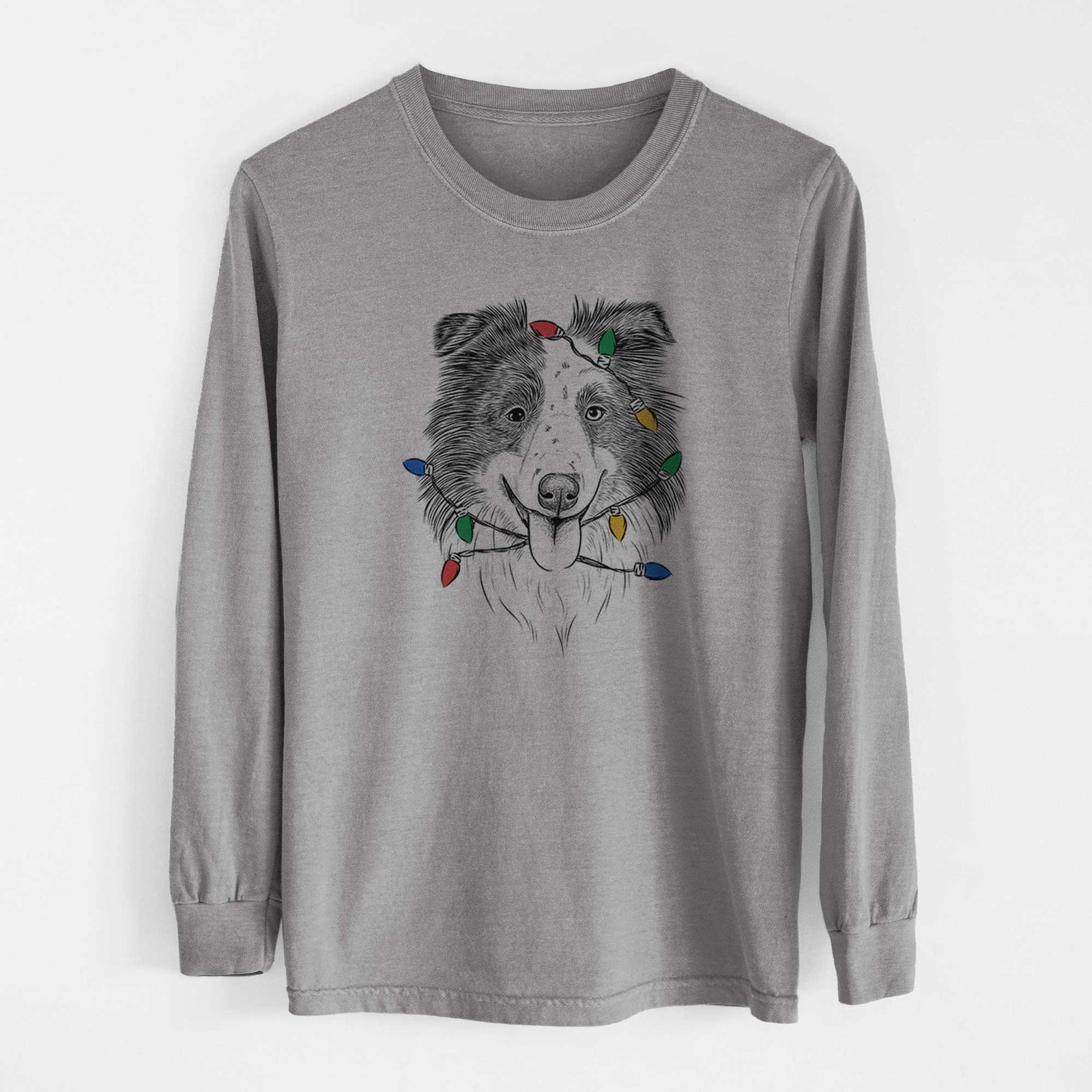 Christmas Lights Lady Bug the Border Collie - Heavyweight 100% Cotton Long Sleeve