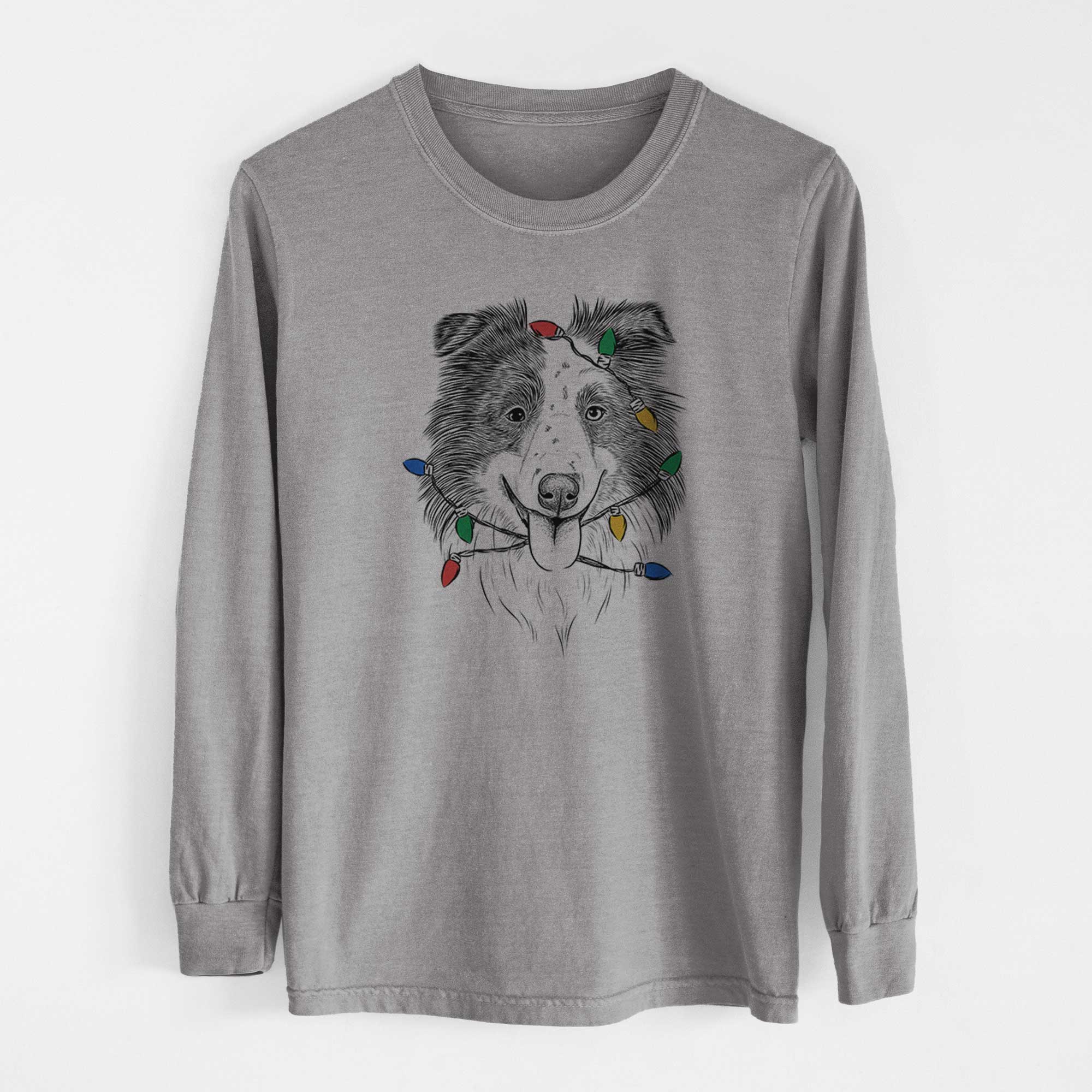 Christmas Lights Lady Bug the Border Collie - Heavyweight 100% Cotton Long Sleeve