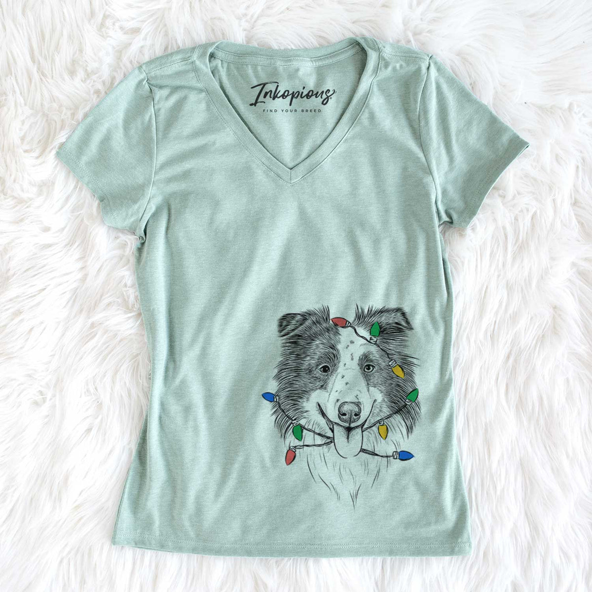 Christmas Lights Lady Bug the Border Collie - Women&#39;s V-neck Shirt