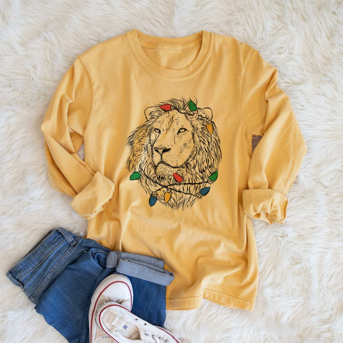 Christmas Lights Lenny the Lion - Heavyweight 100% Cotton Long Sleeve