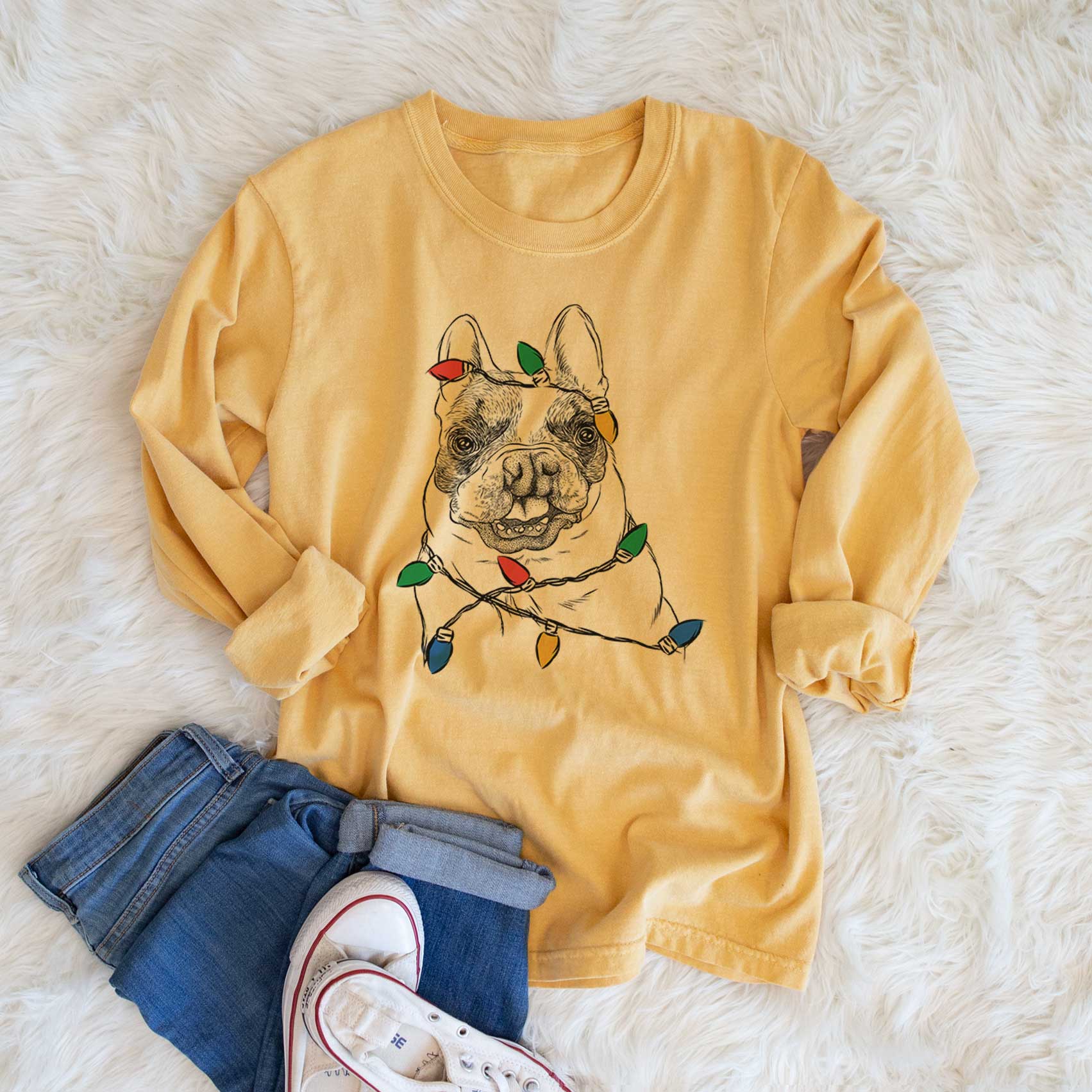 Christmas Lights Lentil the French Bulldog - Heavyweight 100% Cotton Long Sleeve