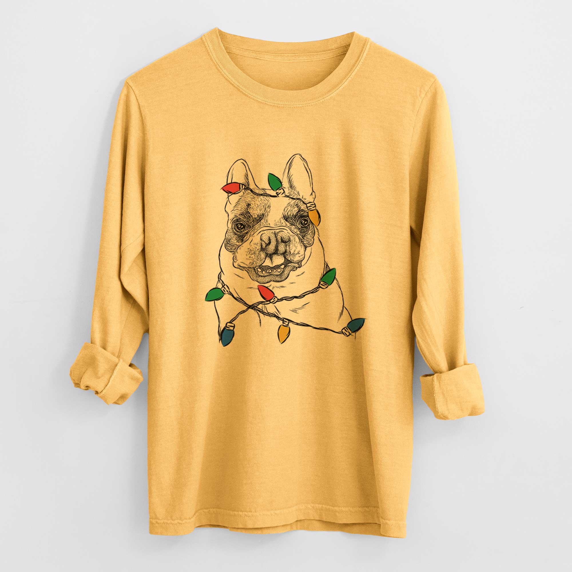 Christmas Lights Lentil the French Bulldog - Heavyweight 100% Cotton Long Sleeve