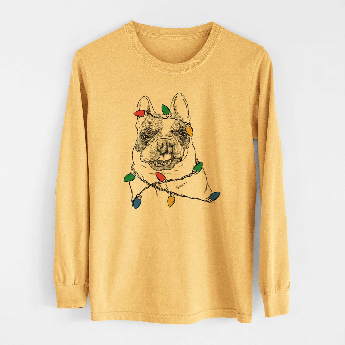 Christmas Lights Lentil the French Bulldog - Heavyweight 100% Cotton Long Sleeve