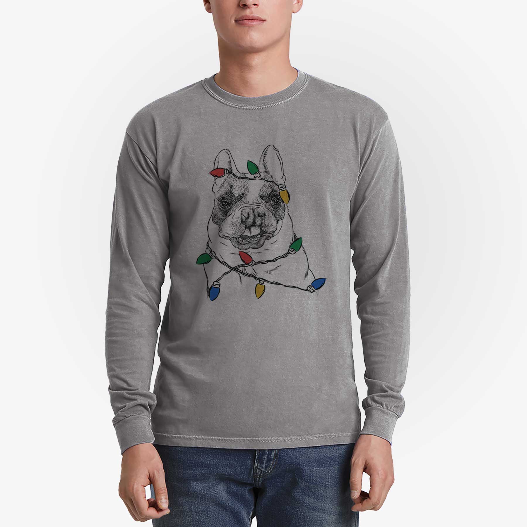 Christmas Lights Lentil the French Bulldog - Heavyweight 100% Cotton Long Sleeve