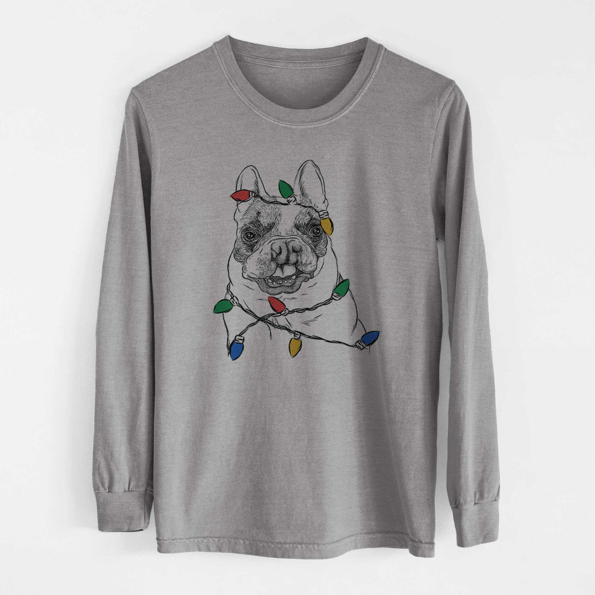Christmas Lights Lentil the French Bulldog - Heavyweight 100% Cotton Long Sleeve