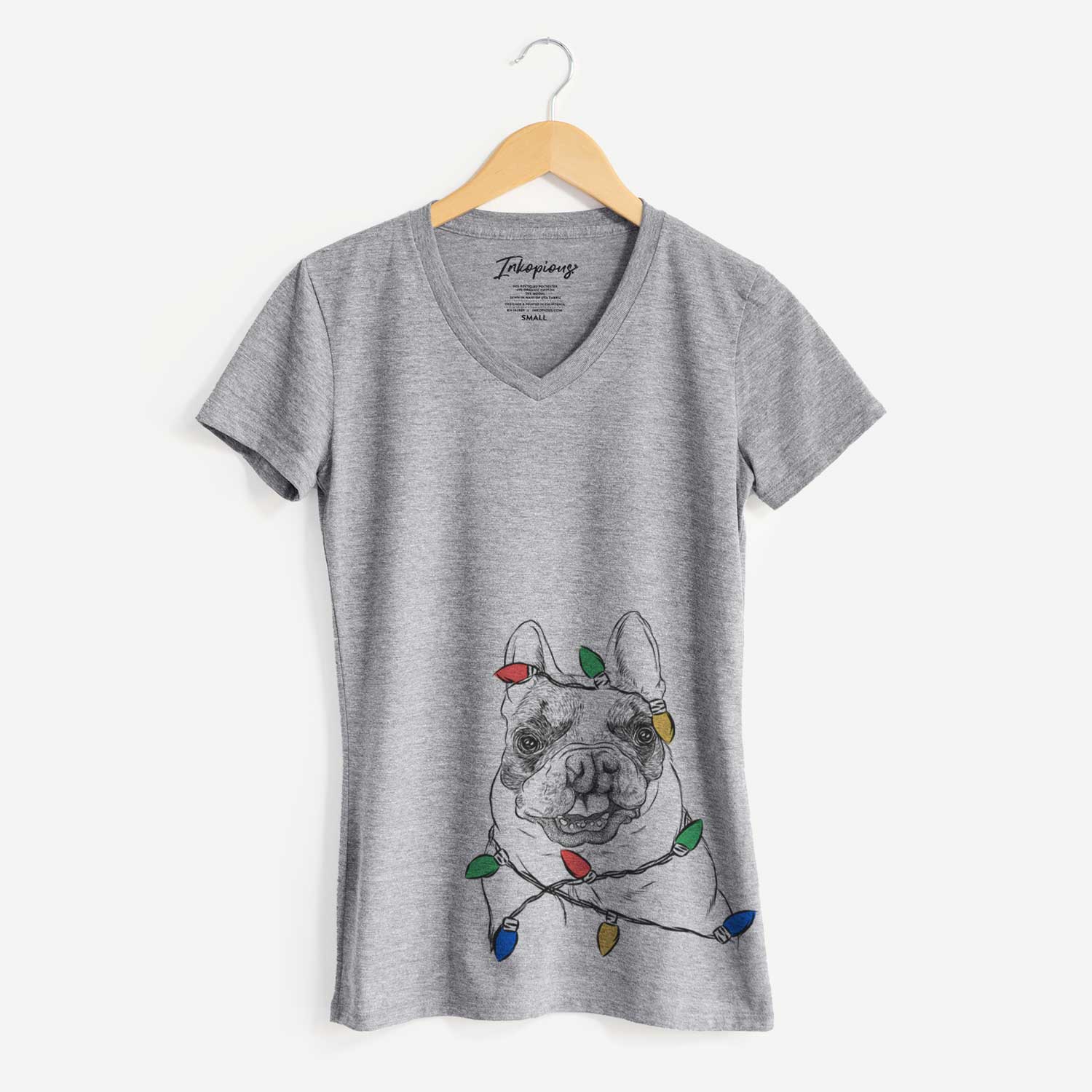 Christmas Lights Lentil the French Bulldog - Women's V-neck Shirt