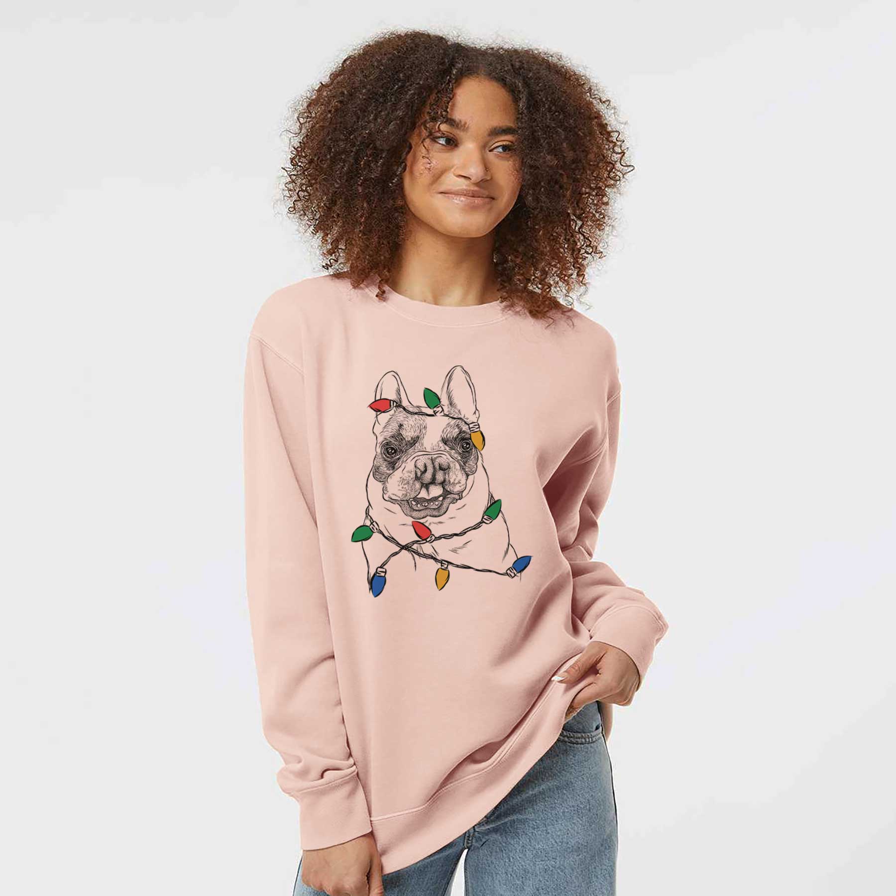 Christmas Lights Lentil the French Bulldog - Unisex Pigment Dyed Crew Sweatshirt