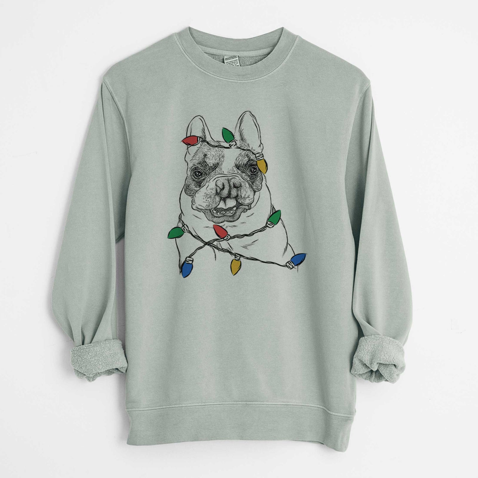 Christmas Lights Lentil the French Bulldog - Unisex Pigment Dyed Crew Sweatshirt