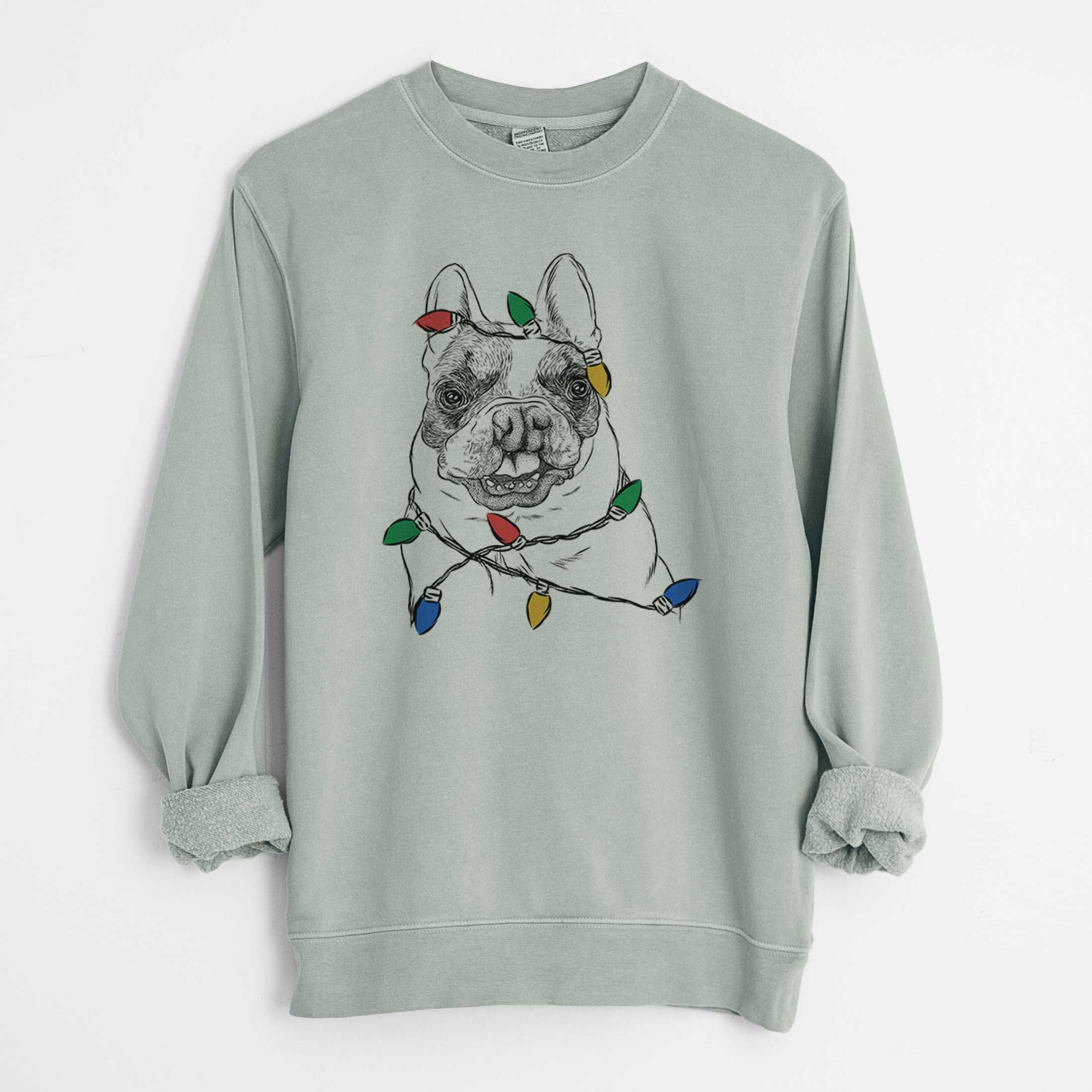 Christmas Lights Lentil the French Bulldog - Unisex Pigment Dyed Crew Sweatshirt