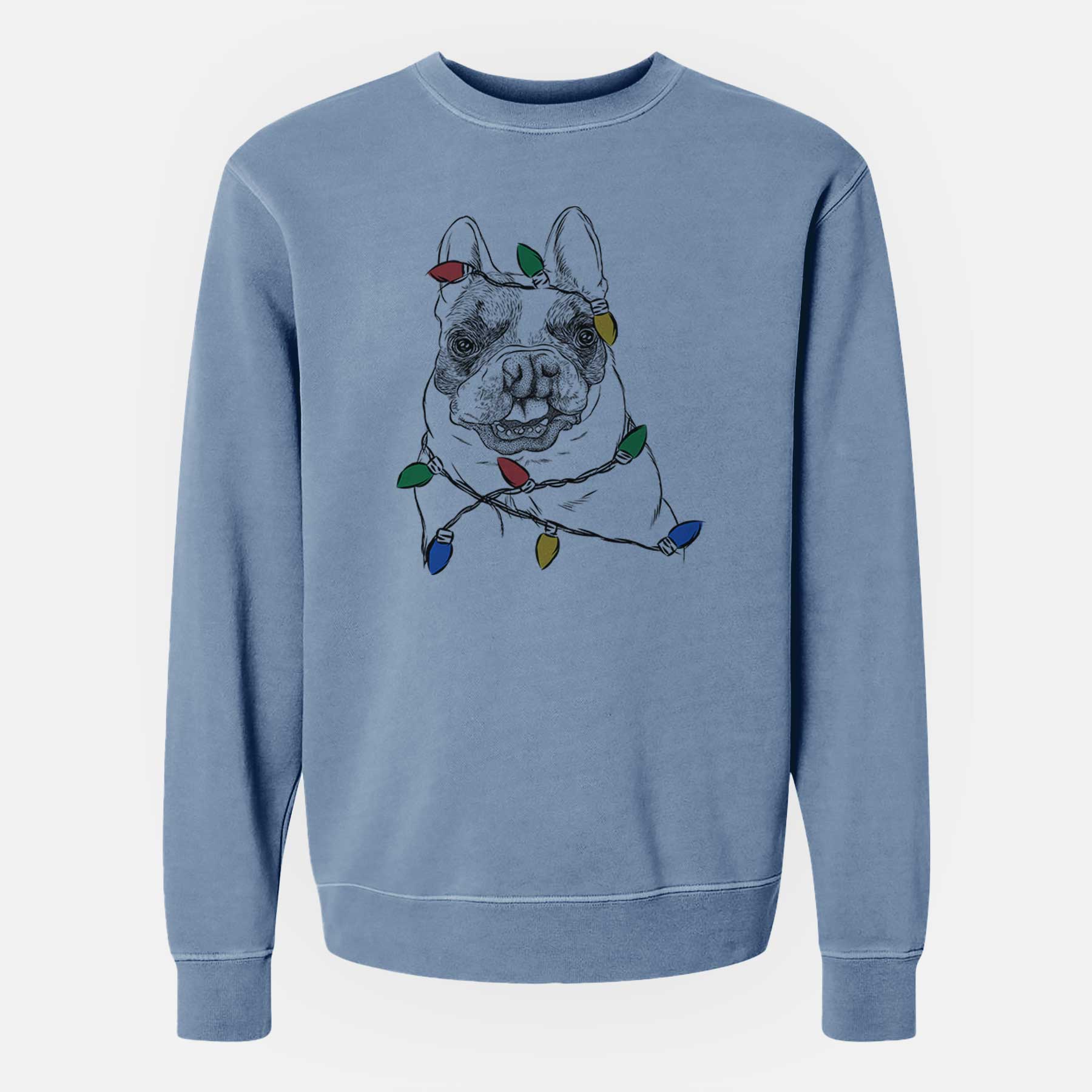 Christmas Lights Lentil the French Bulldog - Unisex Pigment Dyed Crew Sweatshirt