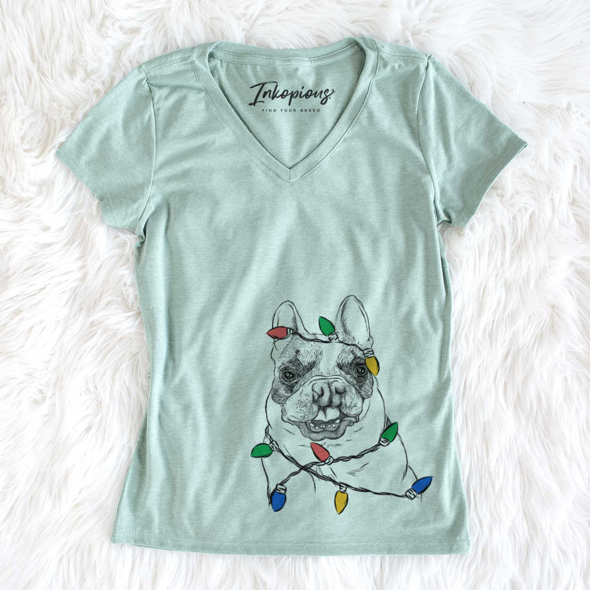 Christmas Lights Lentil the French Bulldog - Women&#39;s V-neck Shirt