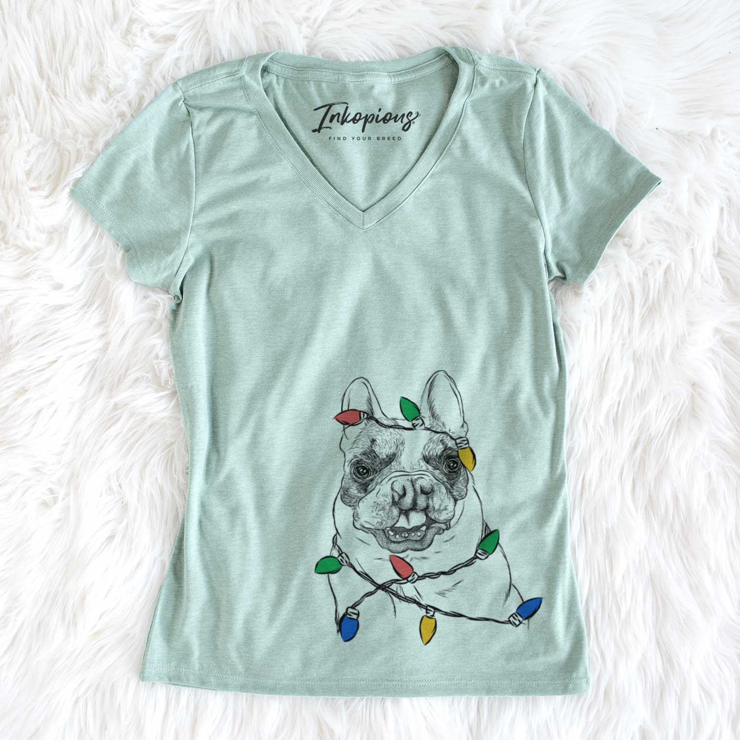 Christmas Lights Lentil the French Bulldog - Women's V-neck Shirt