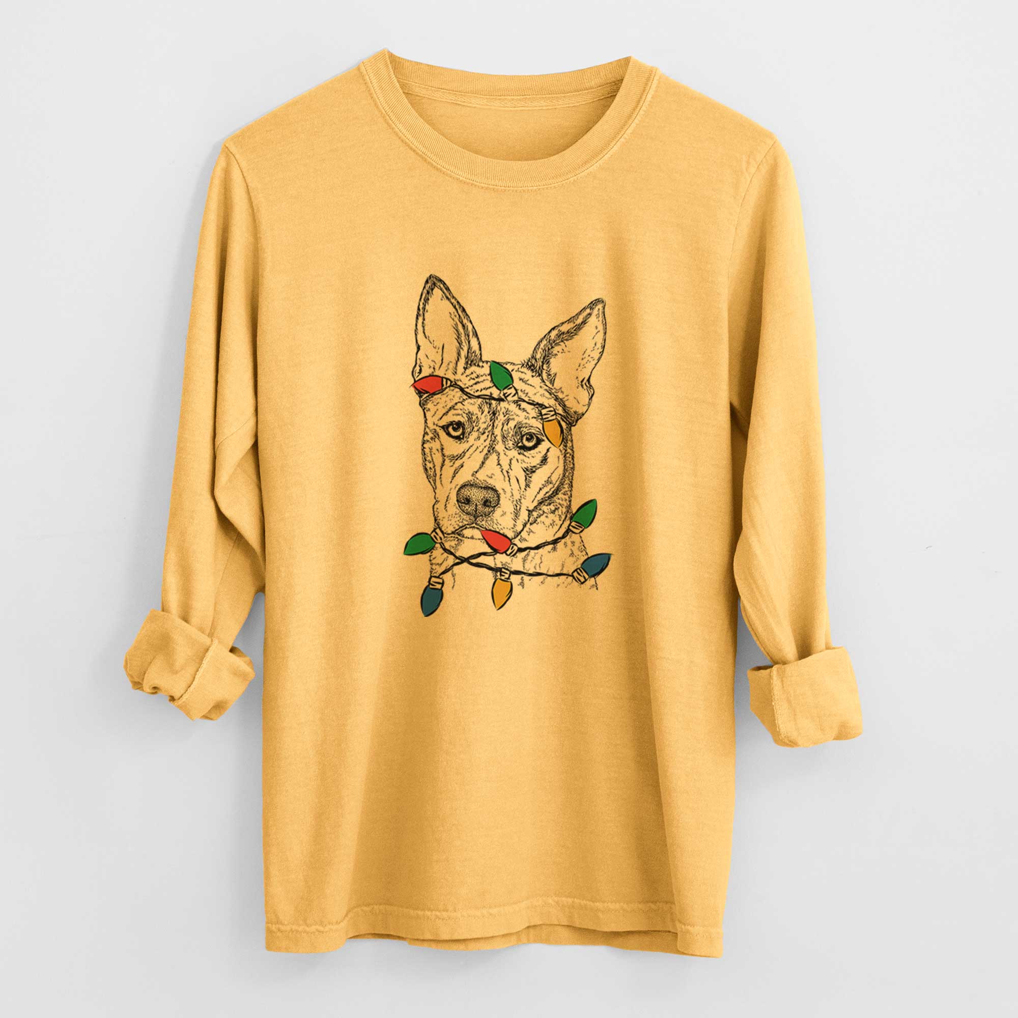 Christmas Lights Leo the Ibizan Hound Bull Mastiff Mix - Heavyweight 100% Cotton Long Sleeve