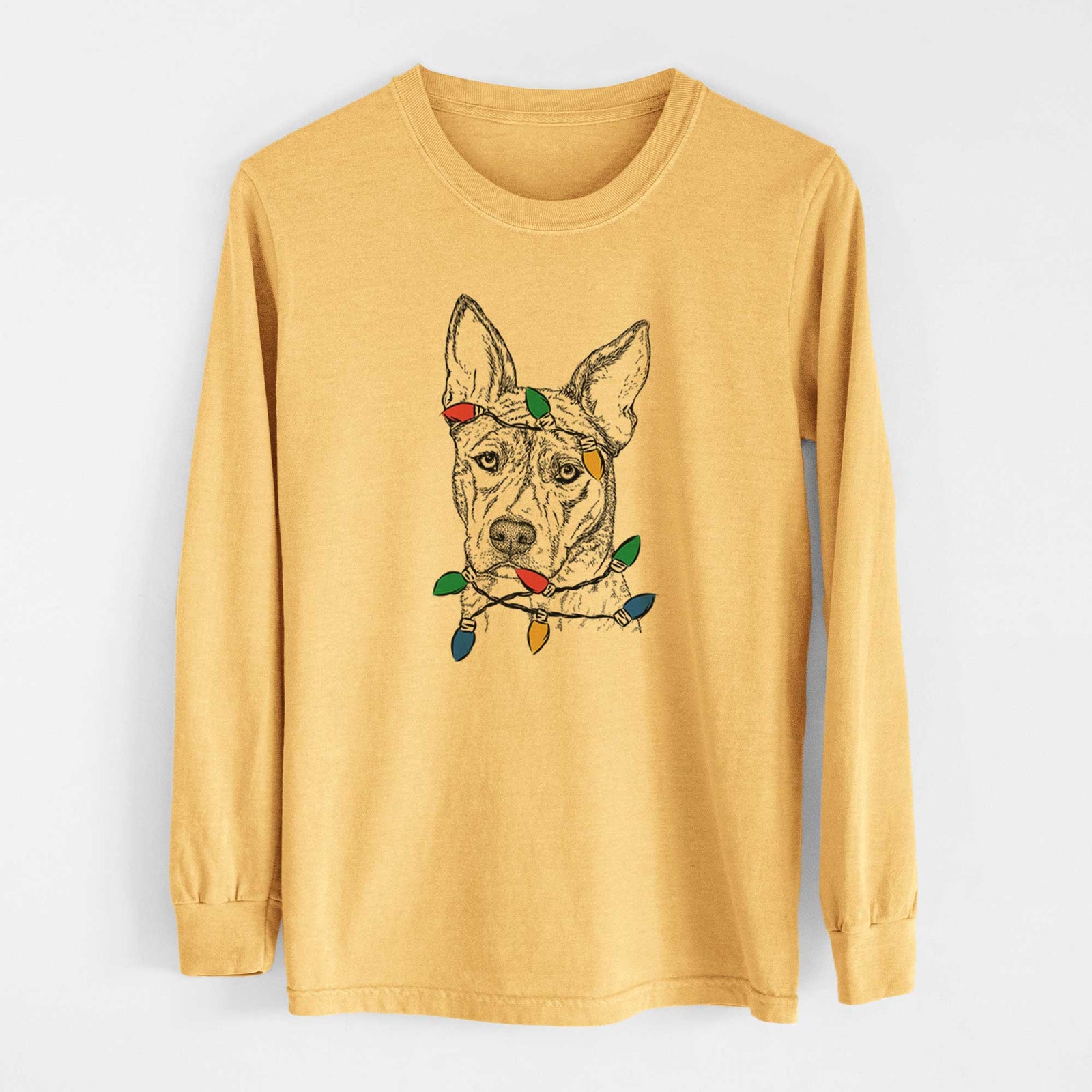 Christmas Lights Leo the Ibizan Hound Bull Mastiff Mix - Heavyweight 100% Cotton Long Sleeve