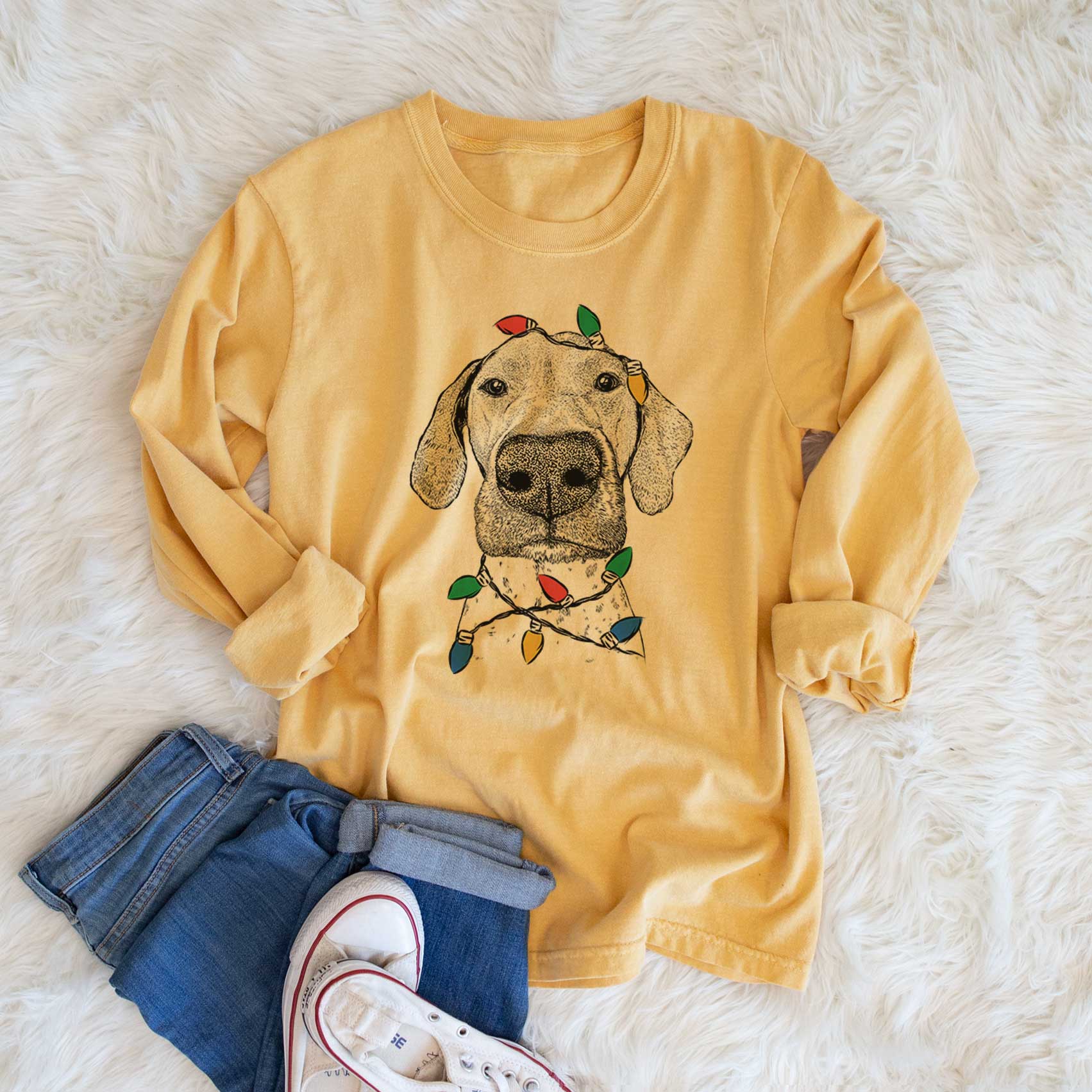 Christmas Lights Leroy the German Shorthaired Pointer - Heavyweight 100% Cotton Long Sleeve