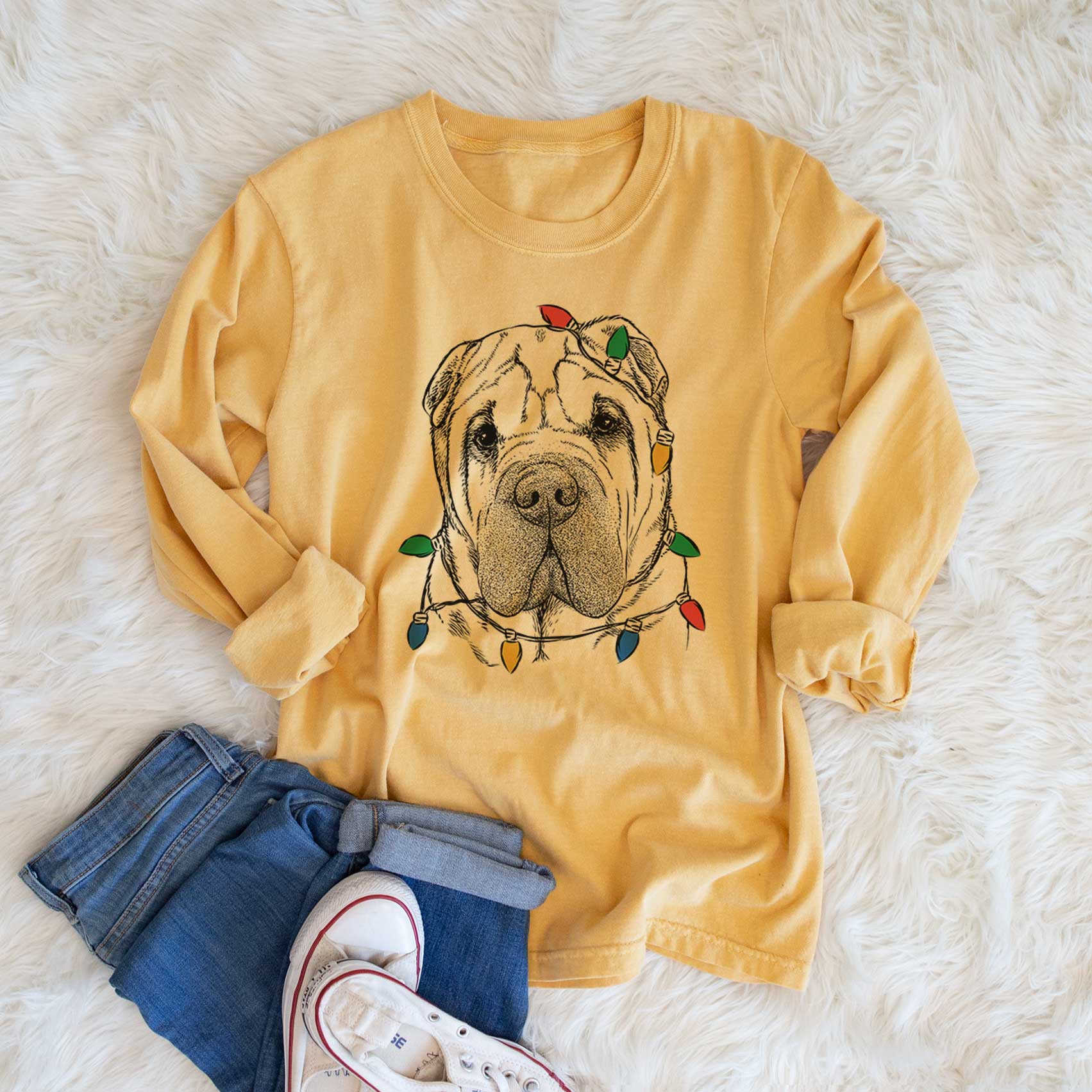 Christmas Lights Lilly the Shar Pei - Heavyweight 100% Cotton Long Sleeve