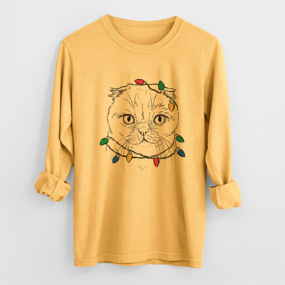 Christmas Lights Lina the Exotic Fold Cat - Heavyweight 100% Cotton Long Sleeve