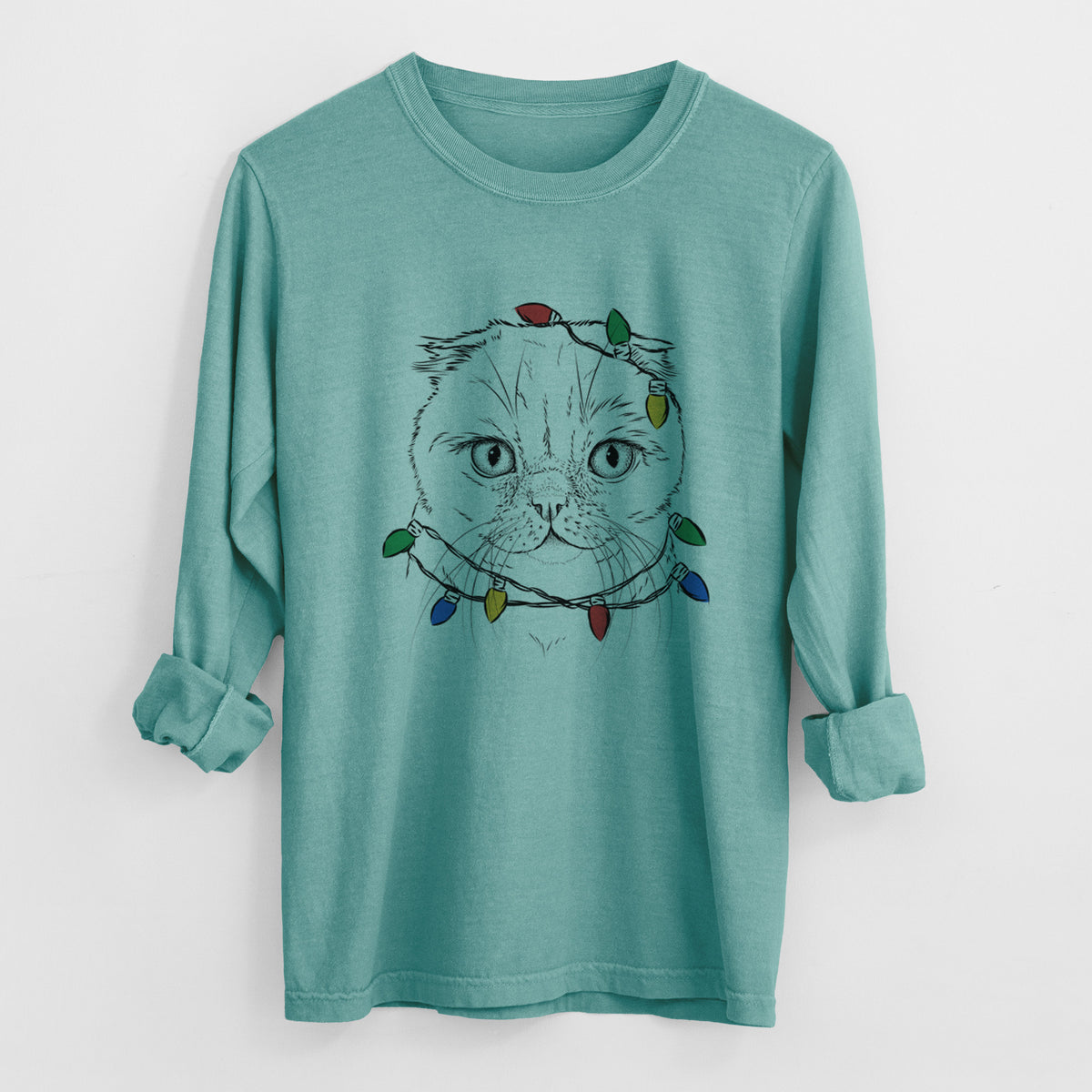 Christmas Lights Lina the Exotic Fold Cat - Heavyweight 100% Cotton Long Sleeve